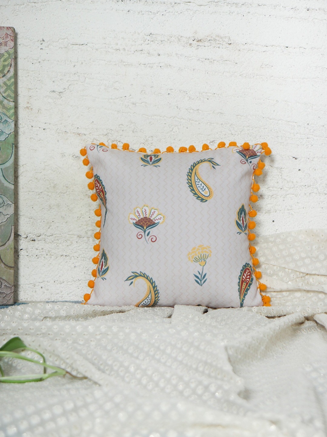 

ZEBA Off White & Green Floral Printed Pompoms Detail Square Cushion Cover