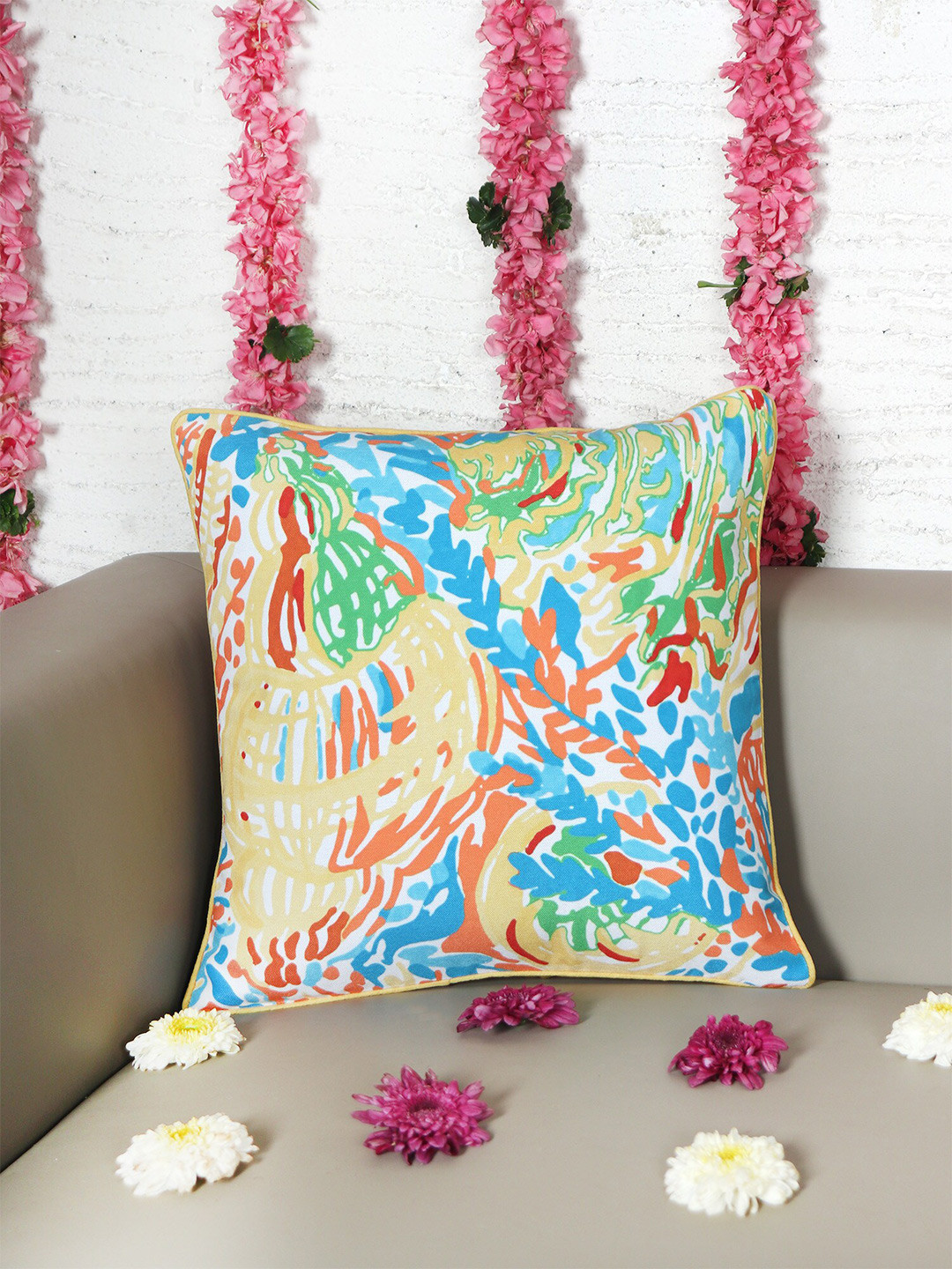 

ZEBA Yellow & Blue Printed Square Cushion Cover