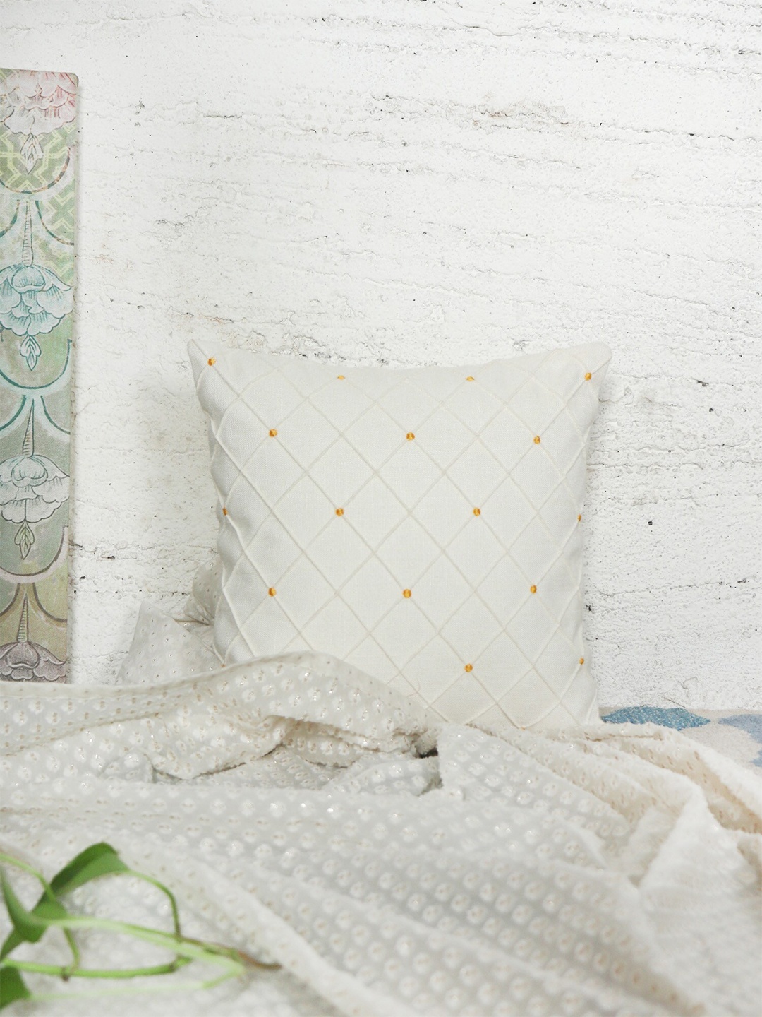 

ZEBA White & Yellow Self Design Square Cushion Cover