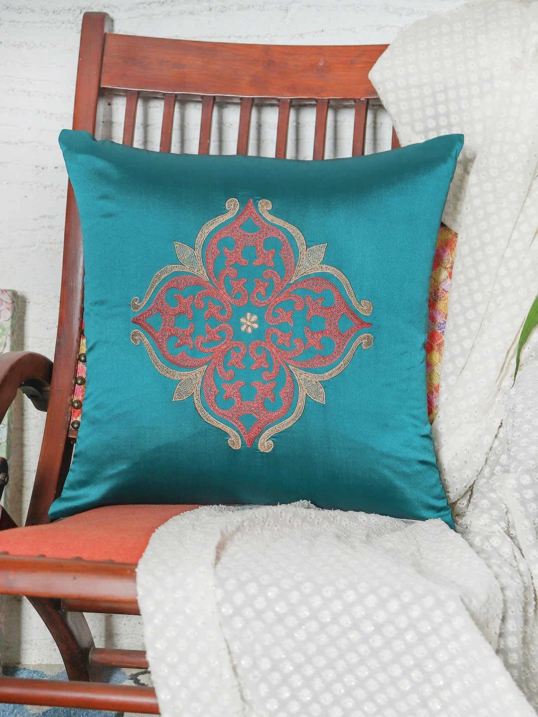 

ZEBA Teal & Red Floral Embroidered Square Cushion Cover