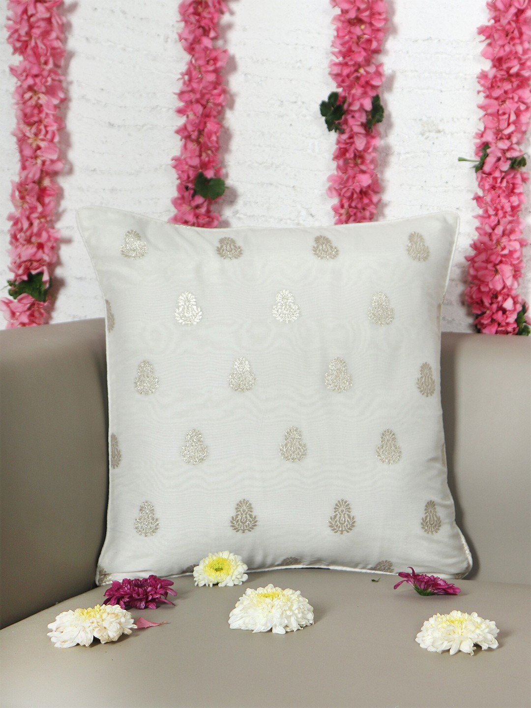 

ZEBA Off White & Silver-Toned Ethnic Motifs Brocade Square Cushion Cover