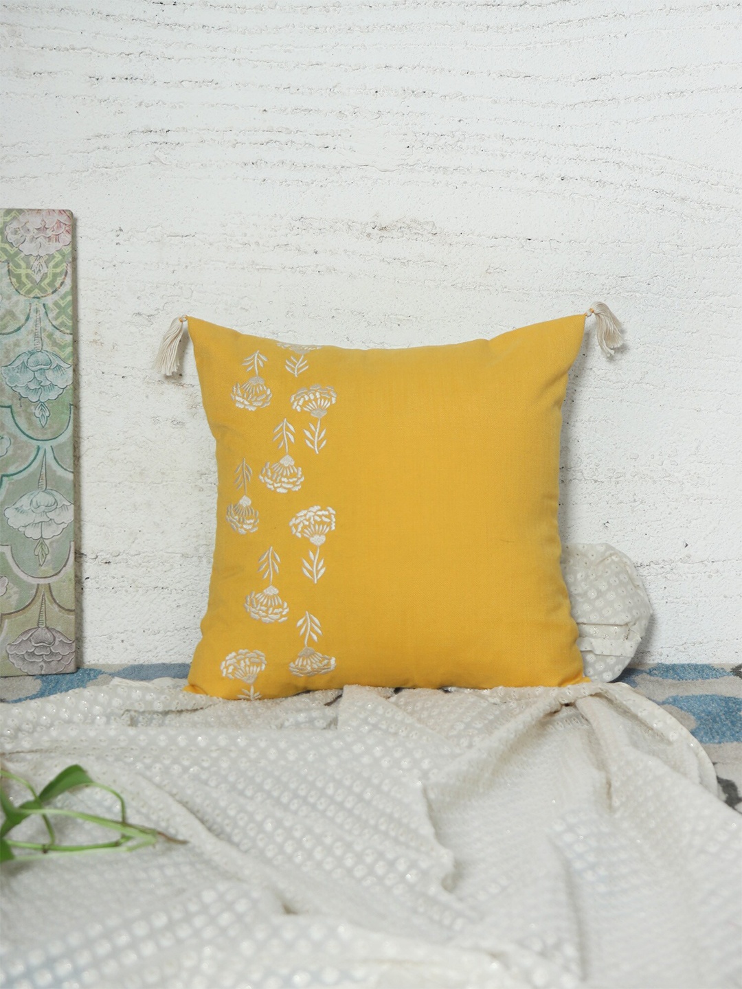 

ZEBA Yellow & White Embroidered Square Cushion Cover