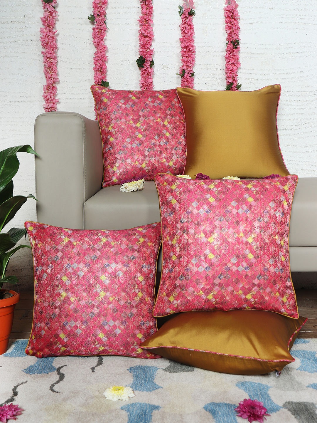 

ZEBA Pink & Mustard 5-Pieces Ethnic Motifs Brocade Square Cushion Covers