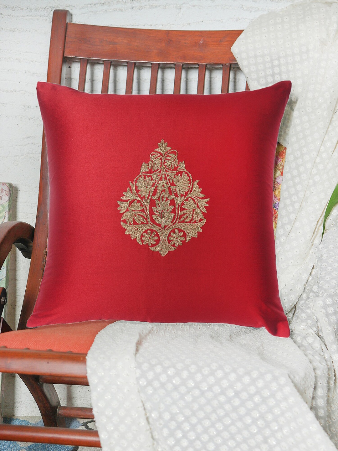 

ZEBA Red & Gold-Toned Ethnic Motifs Embroidered Square Cushion Cover