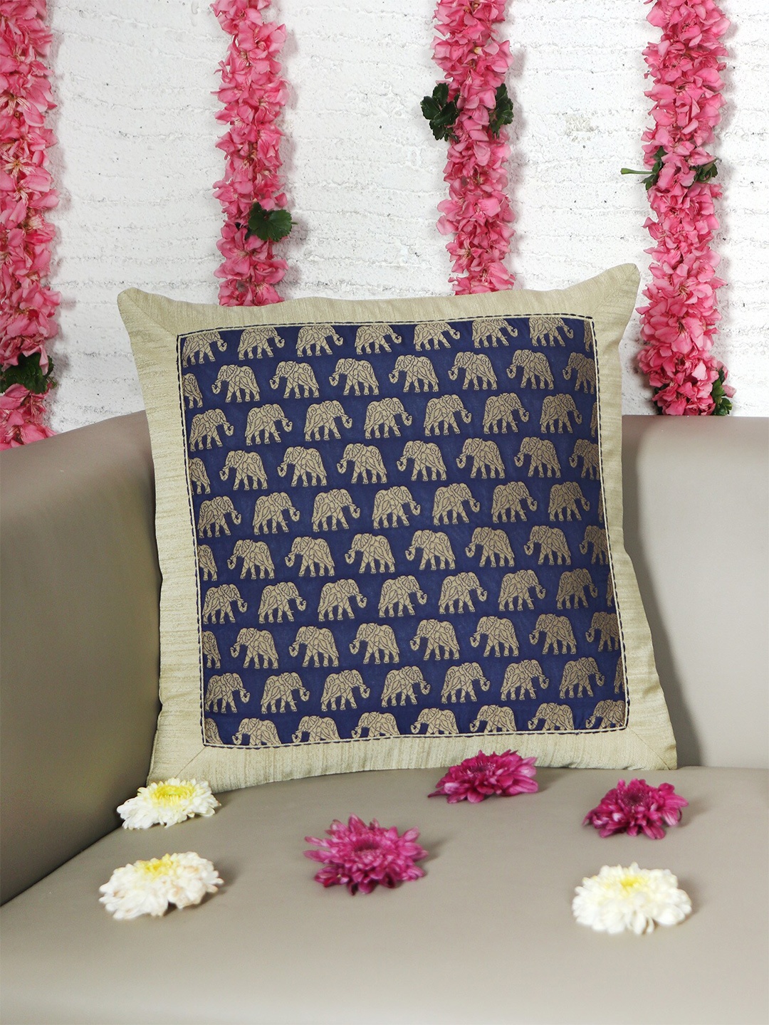 

ZEBA Navy Blue & Gold-Toned Ethnic Motifs Square Cushion Cover