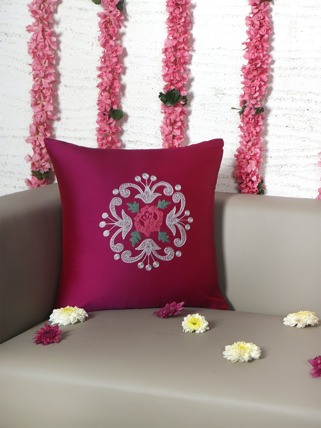 

ZEBA Pink & White Embroidered Square Cushion Cover