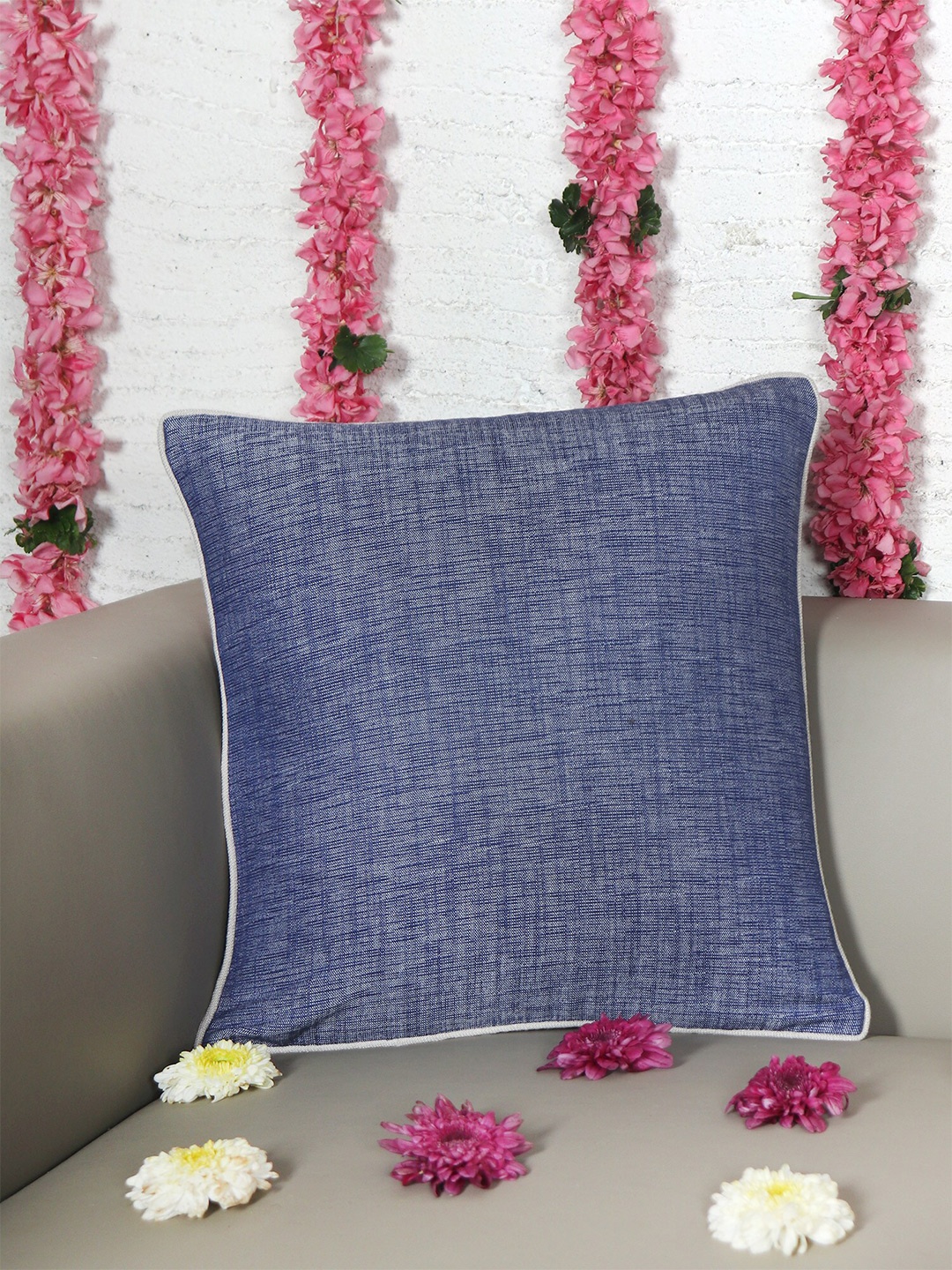 

ZEBA Blue & White Textured Square Cushion Cover