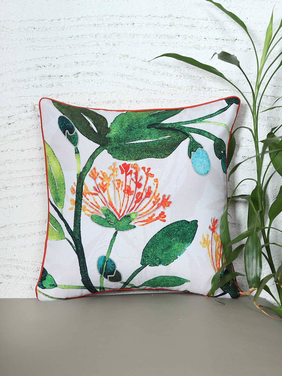 

ZEBA White & Green Floral Printed Square Cushion Cover