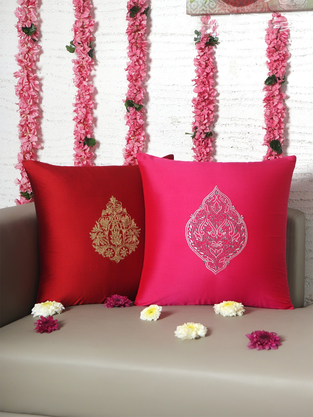 

ZEBA Red & Pink 2 Pieces Embroidered Square Cushion Covers