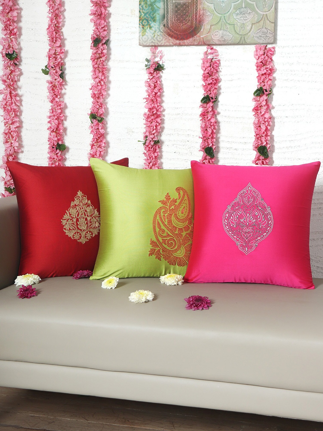 

ZEBA 3 Pcs Green & Red Embroidered Square Cushion Covers