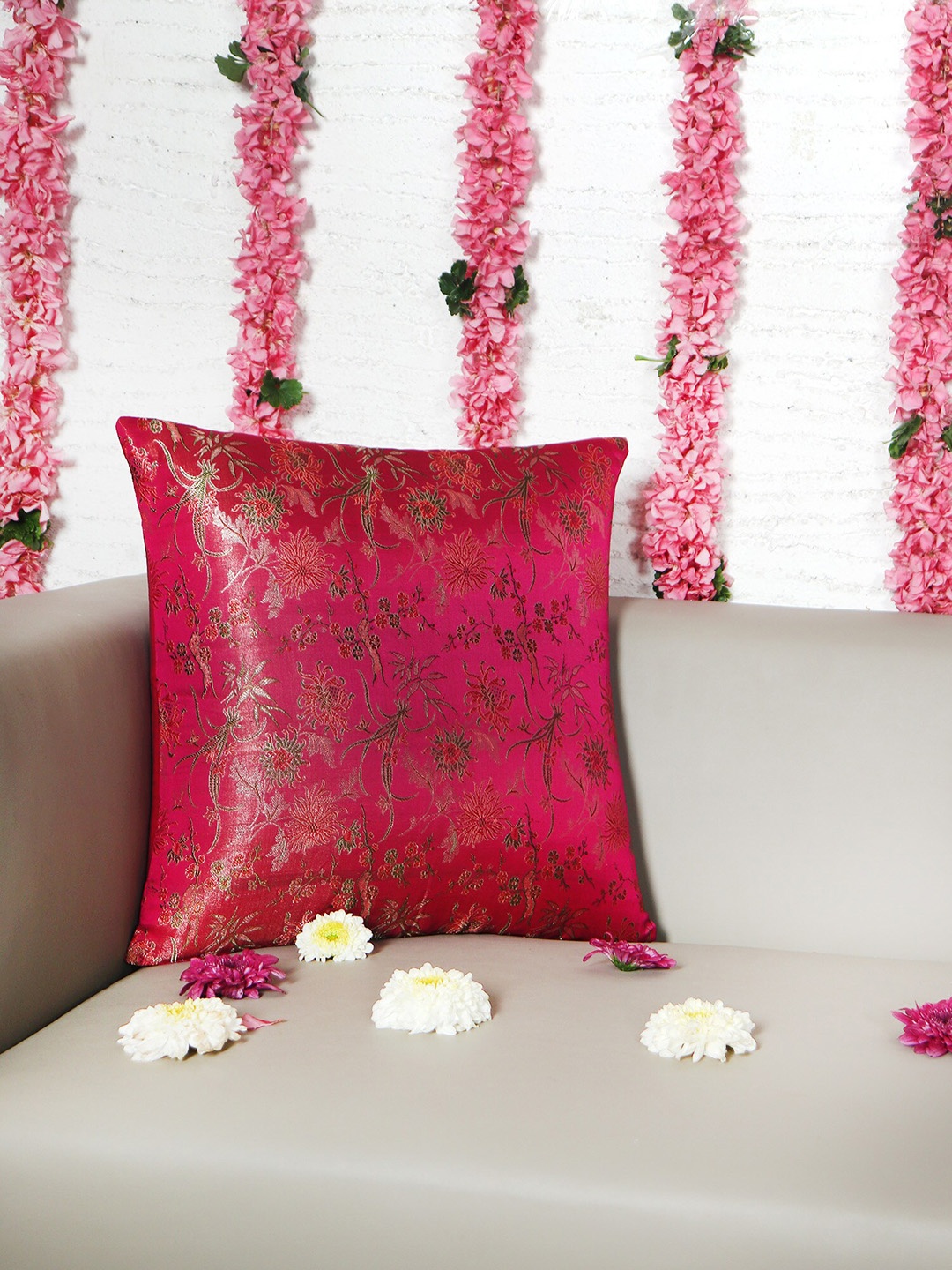 

ZEBA Pink & Green Floral Brocade Square Cushion Covers