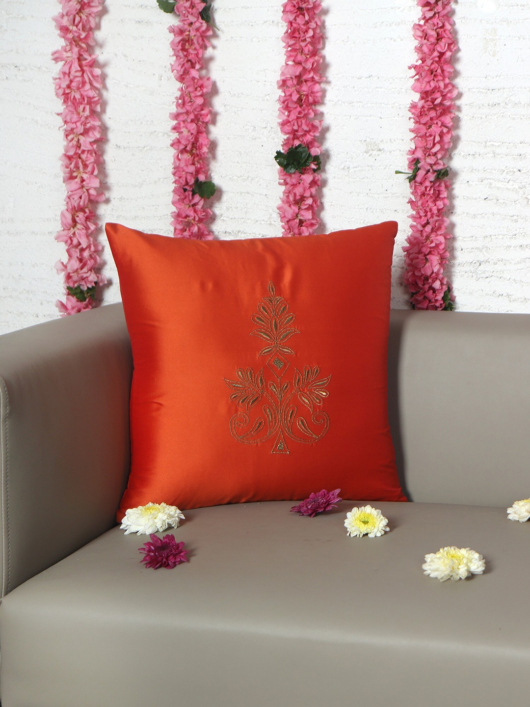 

ZEBA Orange & Gold-Toned Embroidered Square Cushion Cover