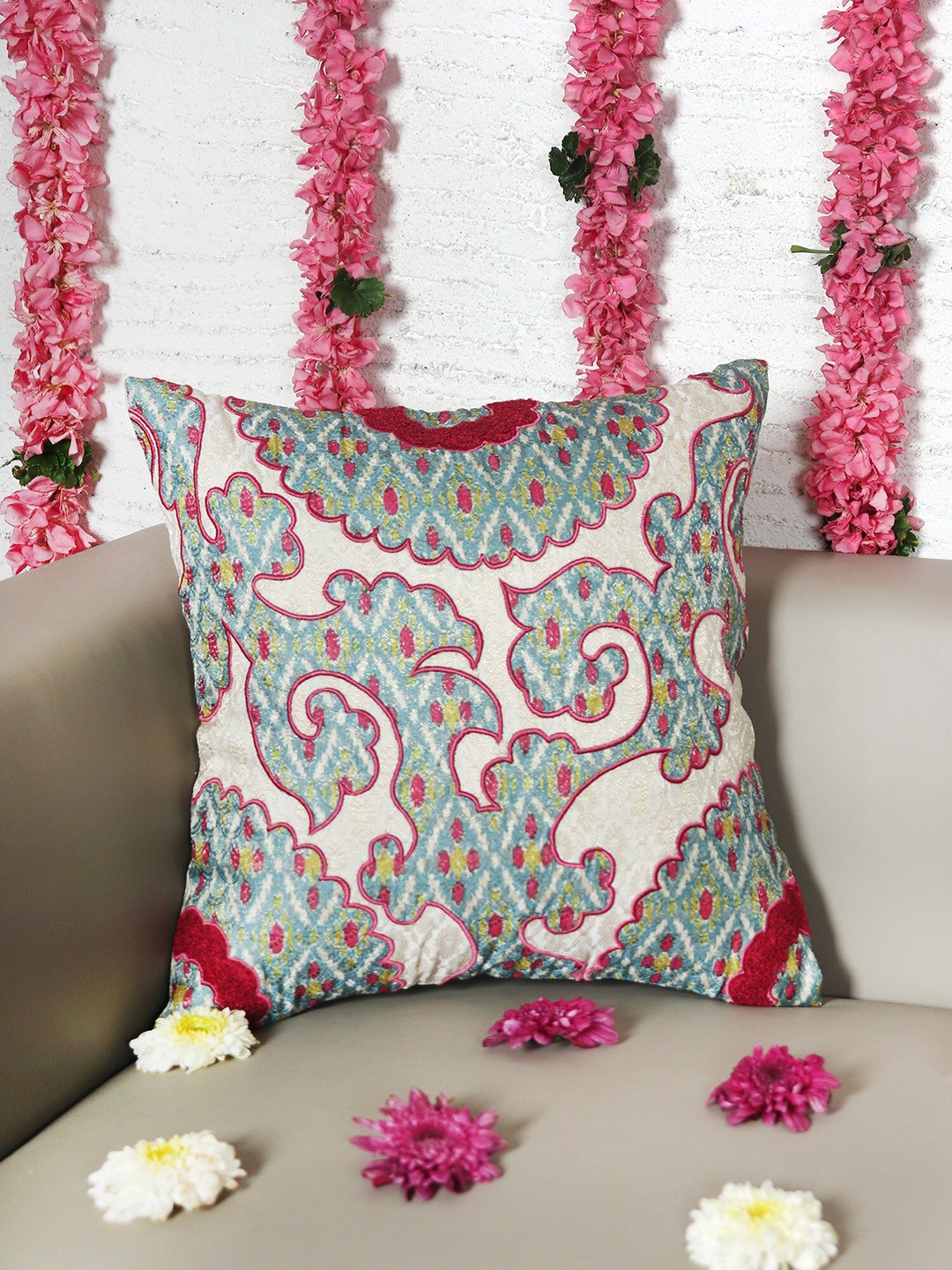 

ZEBA White & Blue Ethnic Motifs Square Cushion Cover