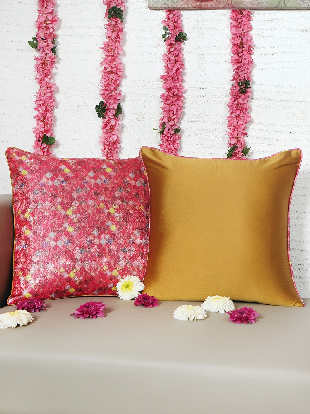 

ZEBA Pink & Yellow Ethnic Motifs Woven Design Brocade Square Cushion Cover