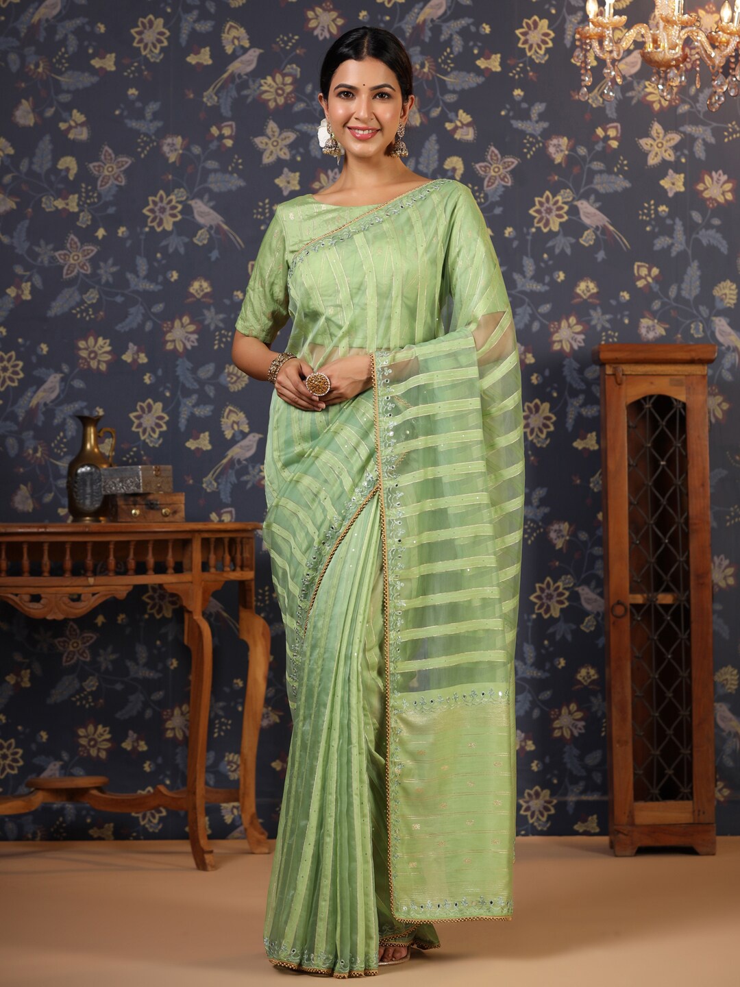 

House of Pataudi Striped Mirror Work Liva Saree, Lime green