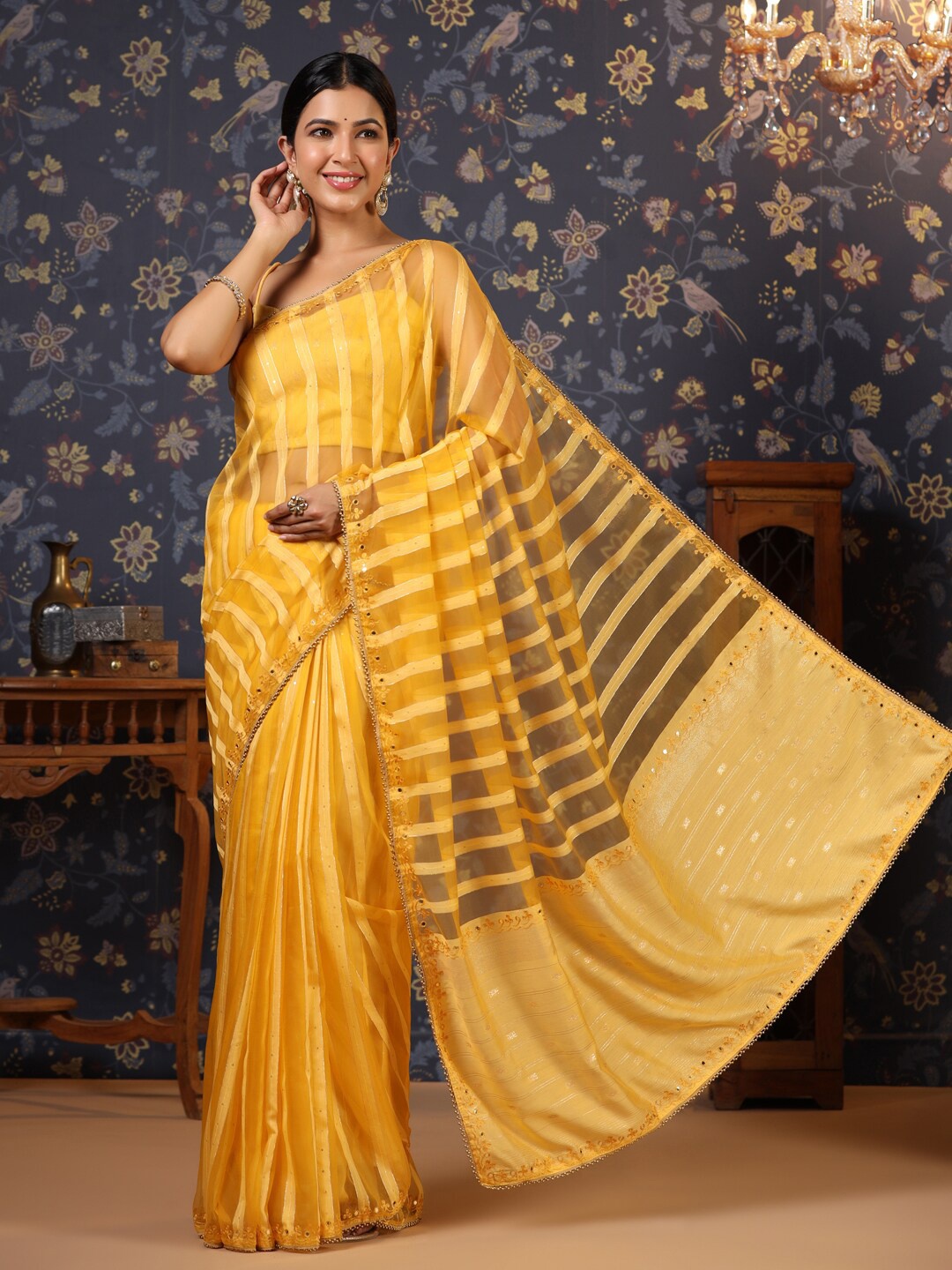 

House of Pataudi Striped Mirror Work Liva Saree, Yellow