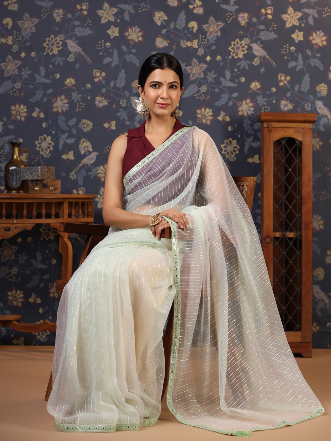 

House of Pataudi Striped SequinnedOrganza Saree, Green