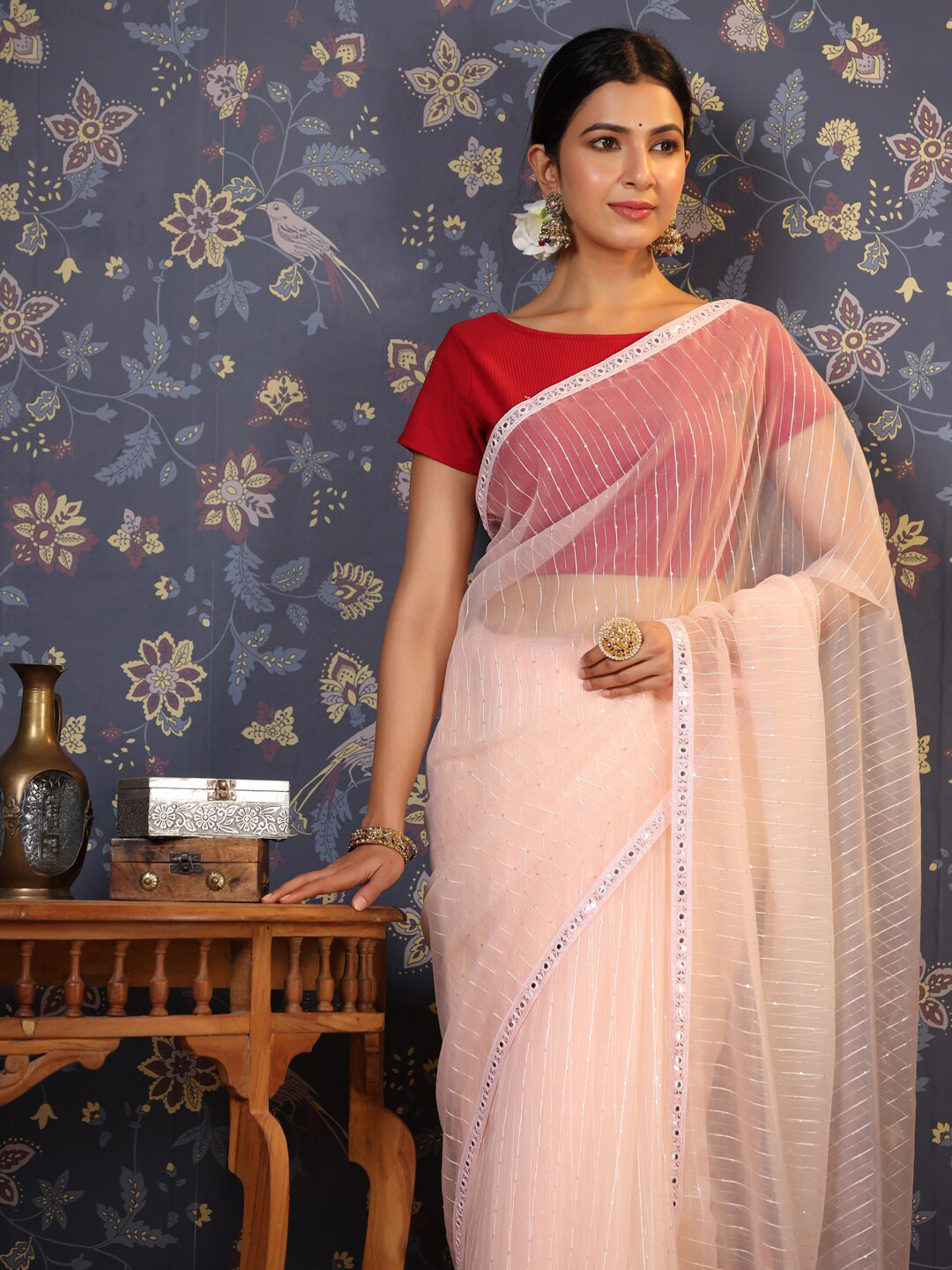 

House of Pataudi Striped Embroidered Organza Sarees, Peach