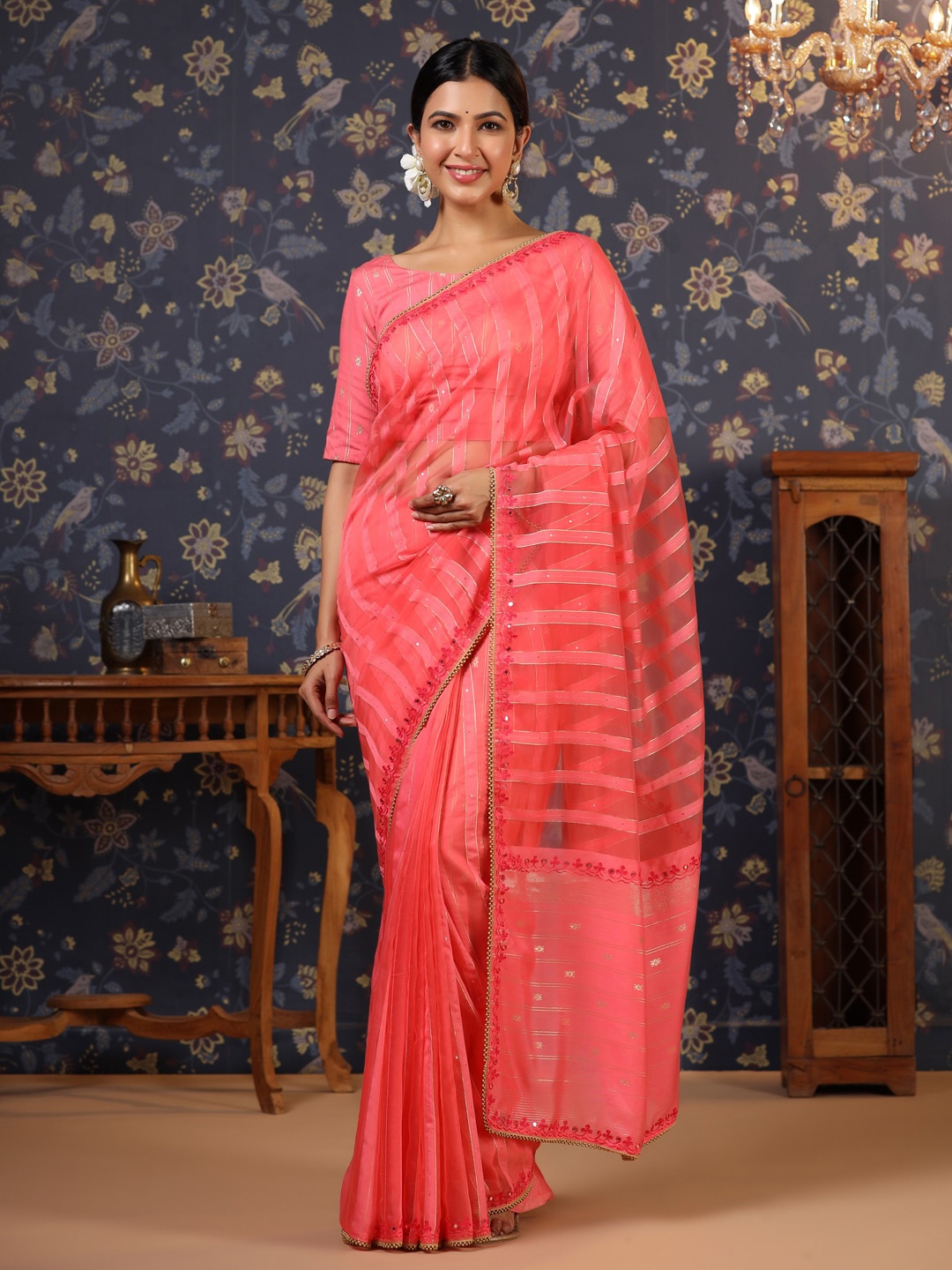 

House of Pataudi Striped Sequinned Sarees, Coral