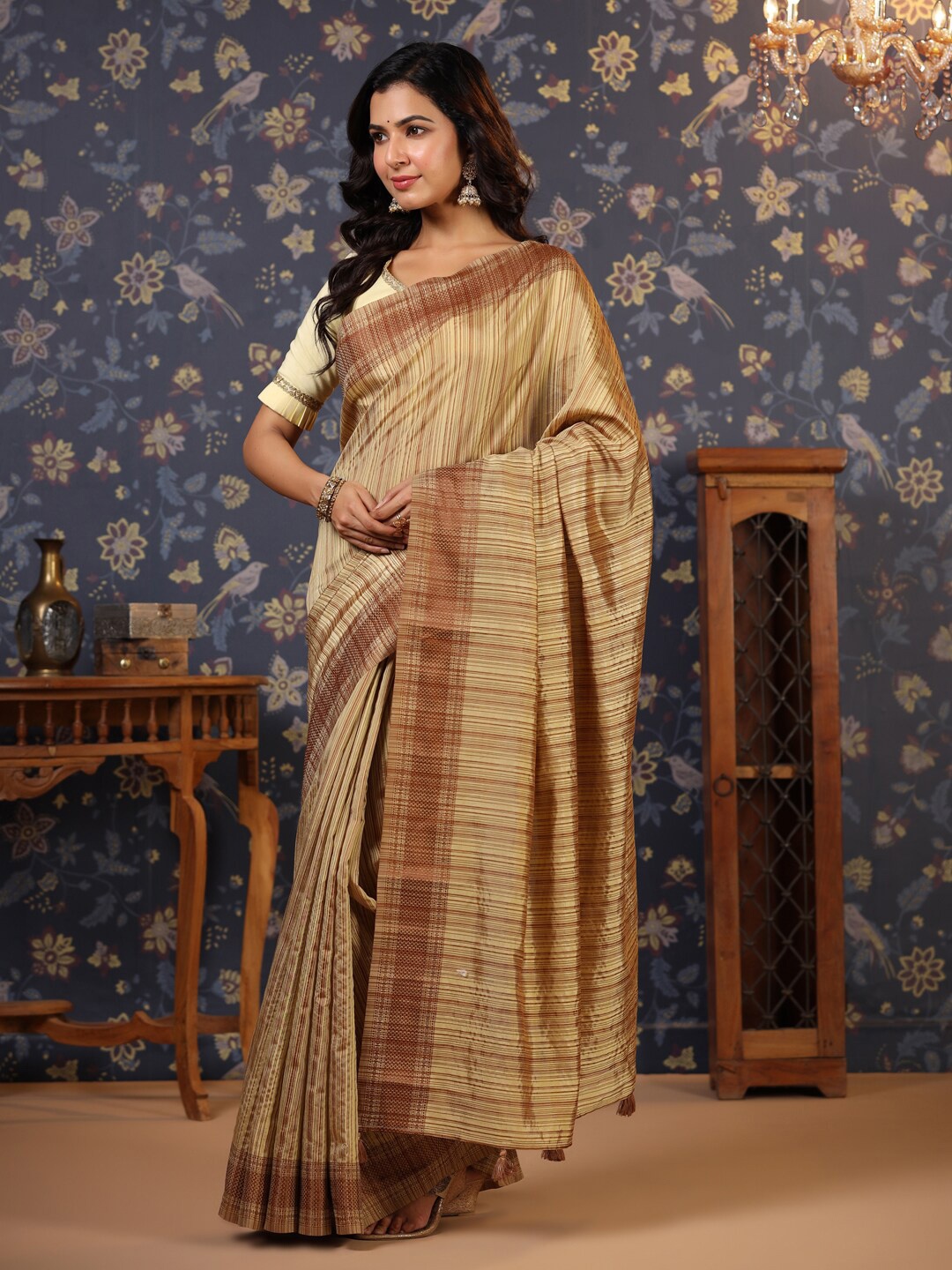 

House of Pataudi Striped Pure Silk Saree, Beige