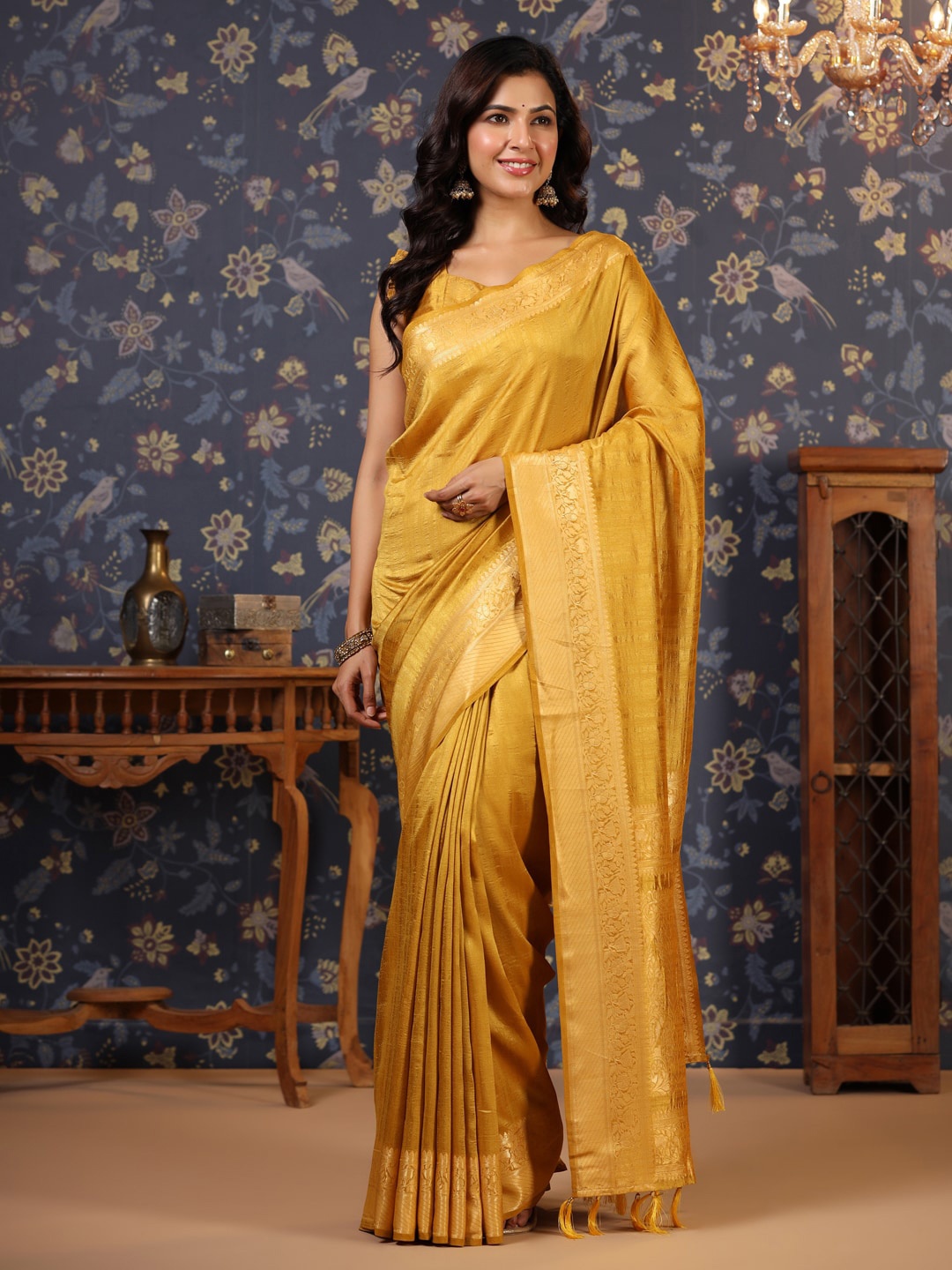 

House of Pataudi Solid Art Silk Zari Sarees, Mustard