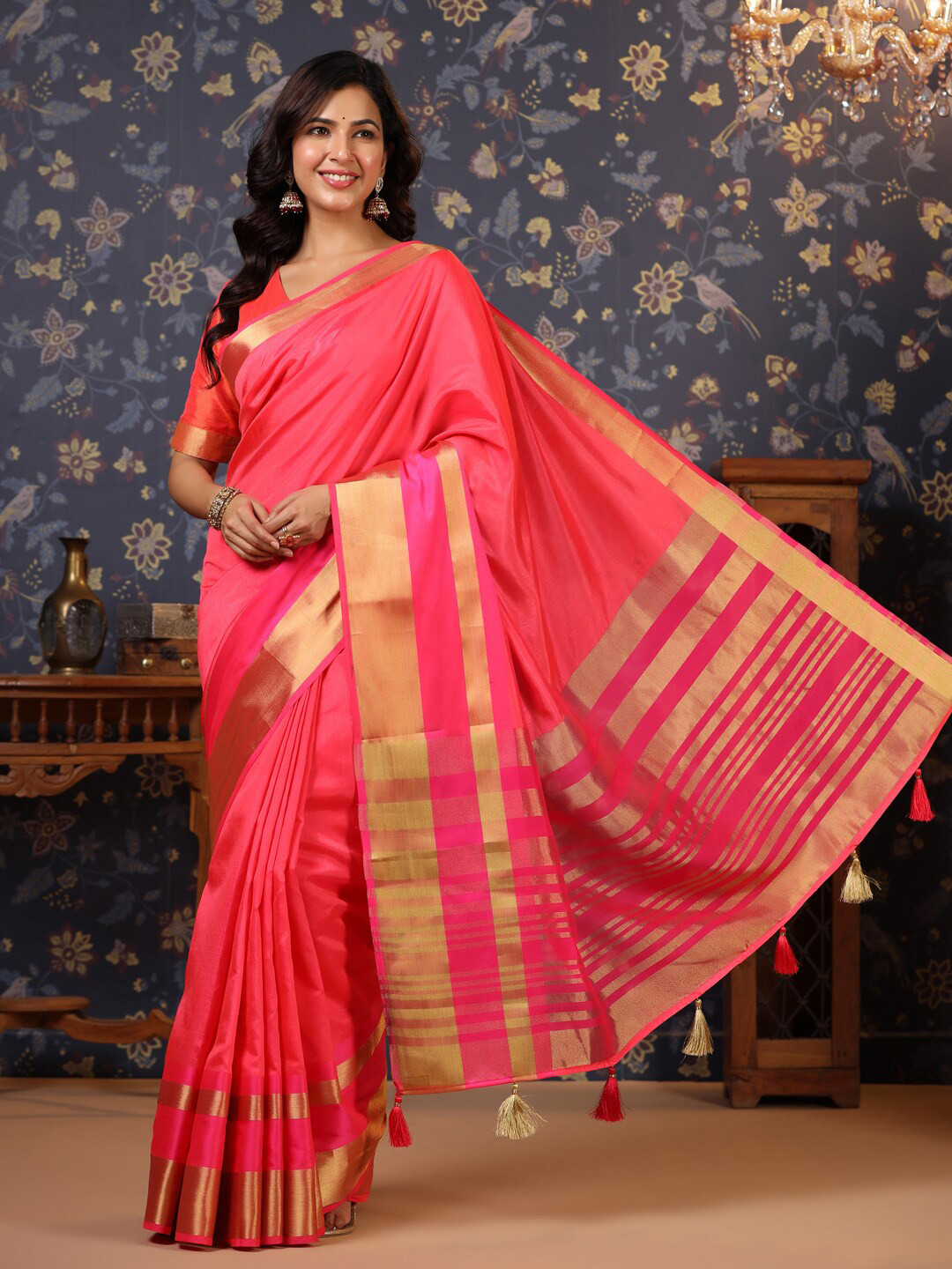 

House of Pataudi Zari Silk Saree, Peach