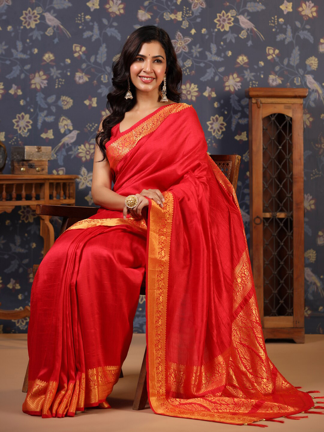 

House of Pataudi Woven Designed Pure Silk Saree, Red