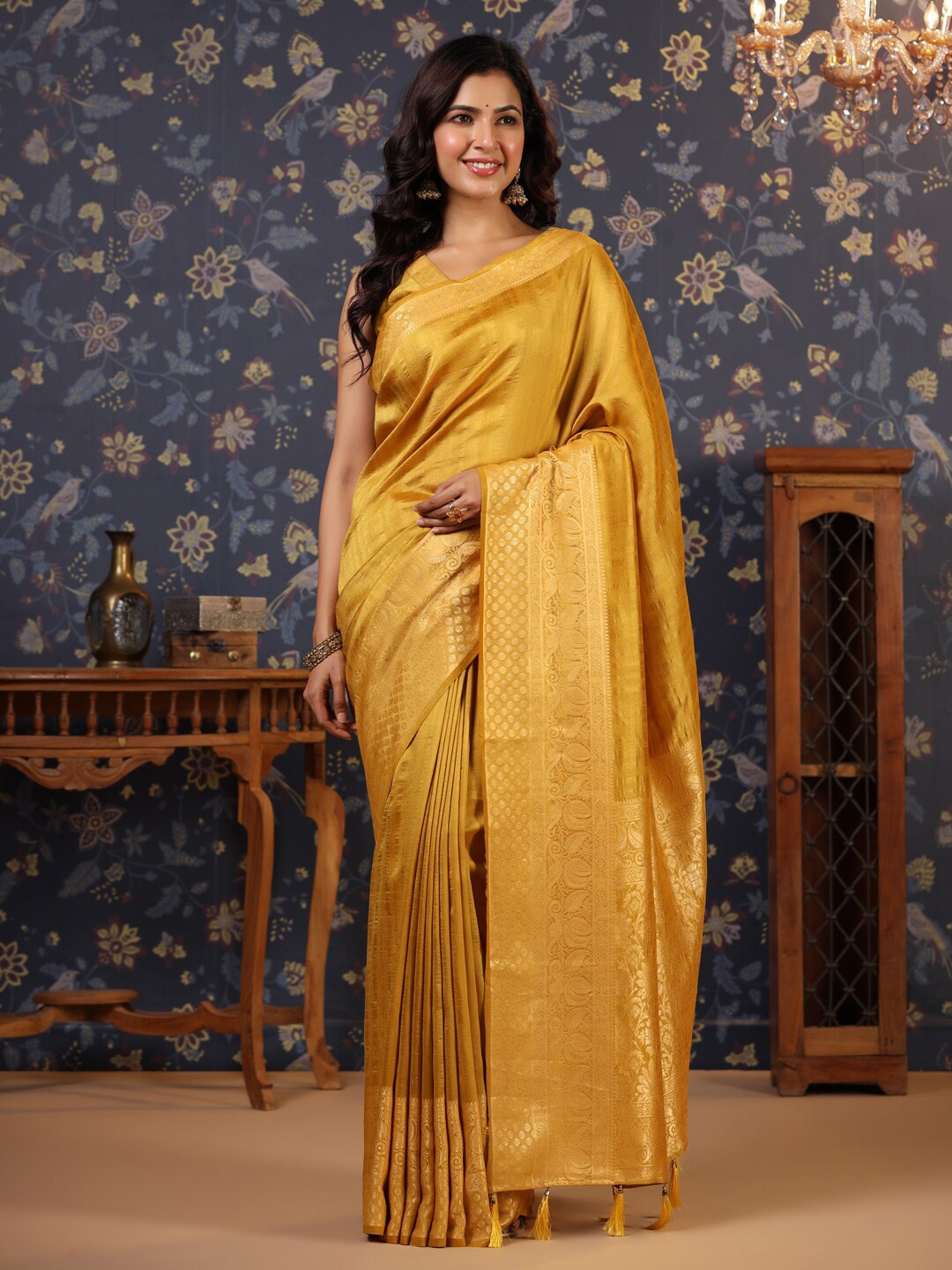 

House of Pataudi Woven Design Pure Silk Saree, Mustard