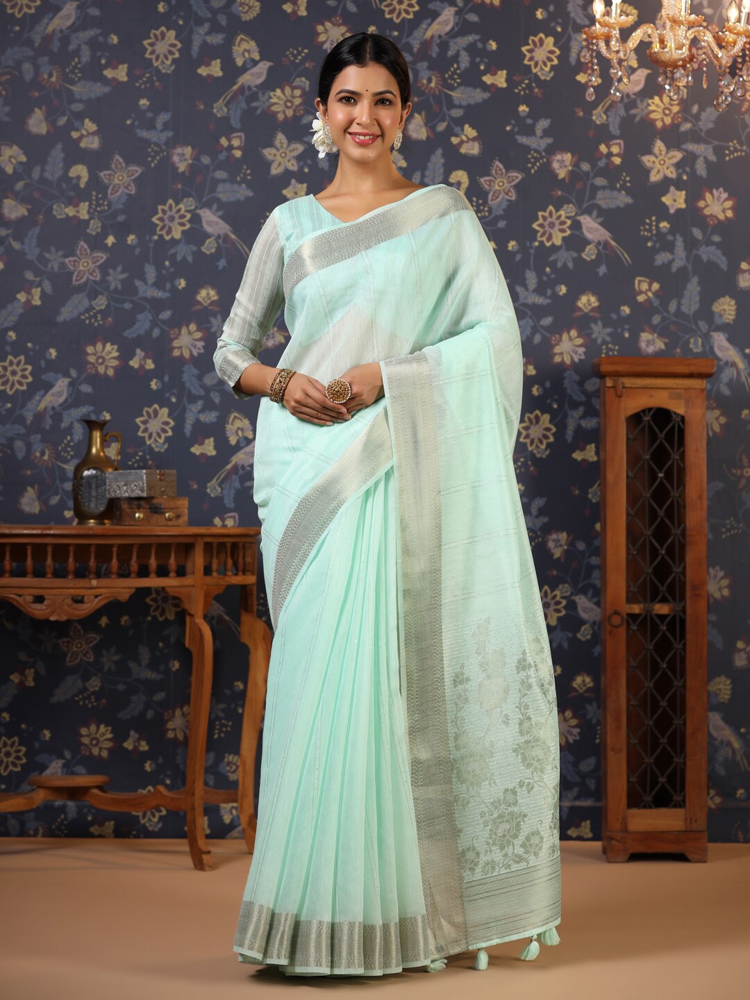 

House of Pataudi Woven Design Zari Saree, Turquoise blue