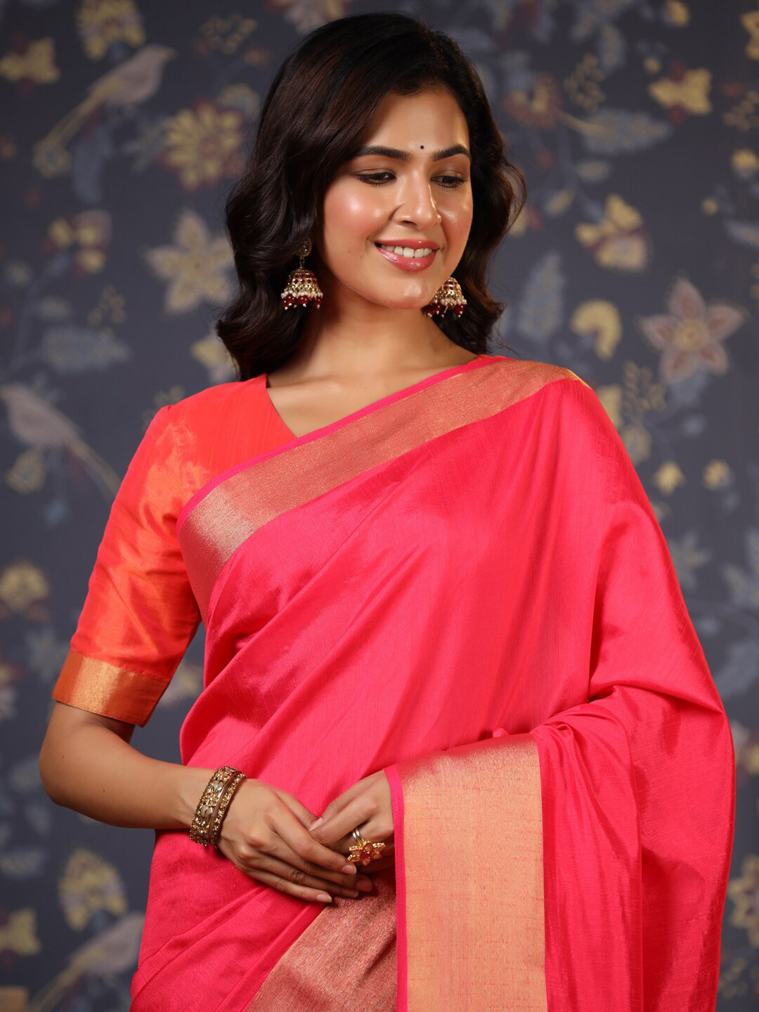 

House of Pataudi Art Silk Zari Saree, Pink