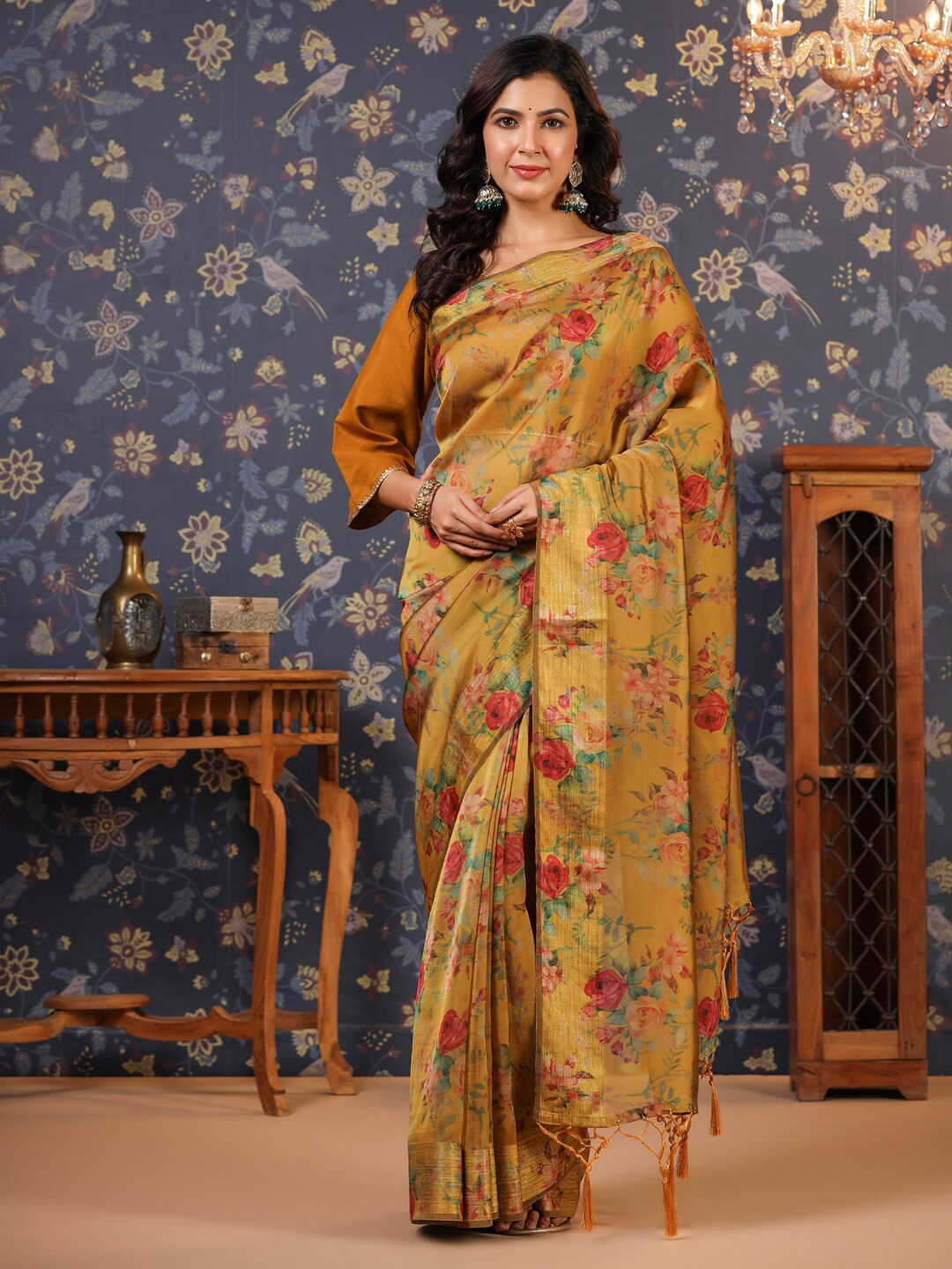 

House of Pataudi Floral Printed Sarees, Mustard