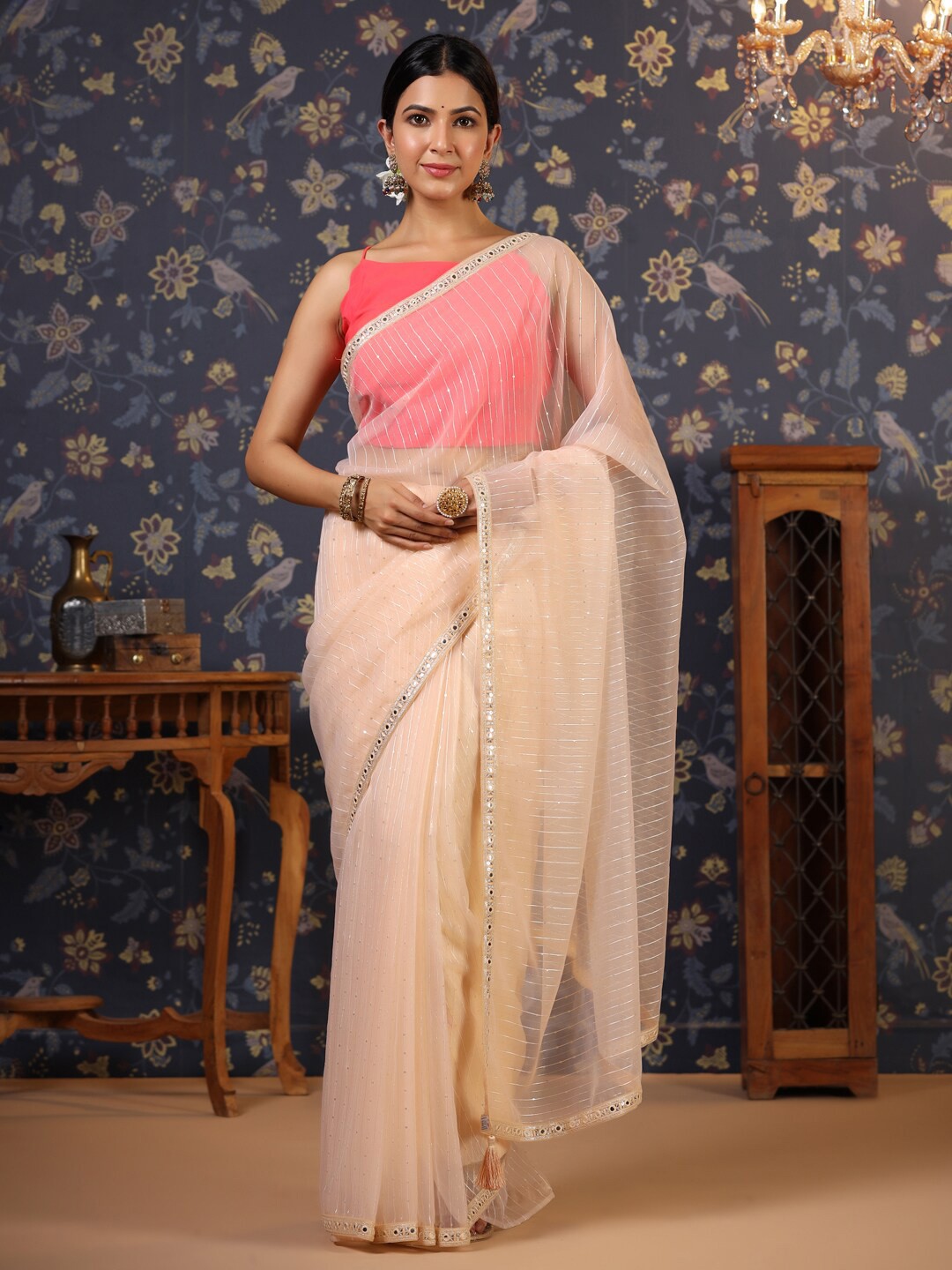 

House of Pataudi Striped Embroidered Organza Sarees, Beige