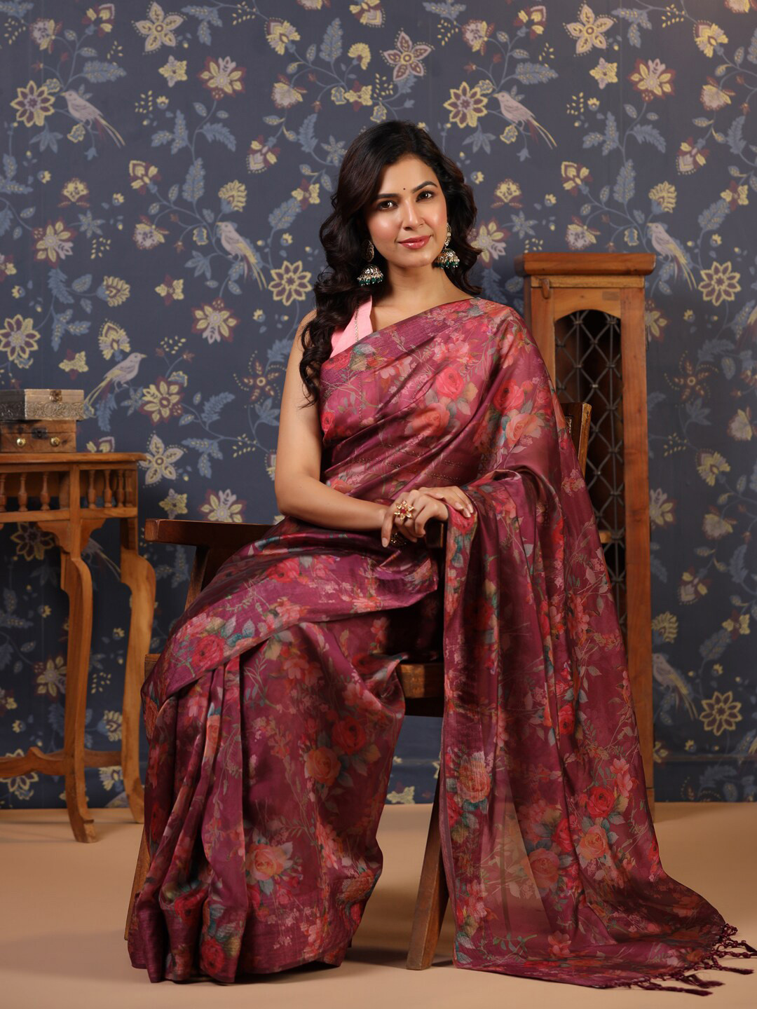 

House of Pataudi Floral Printed Saree, Burgundy