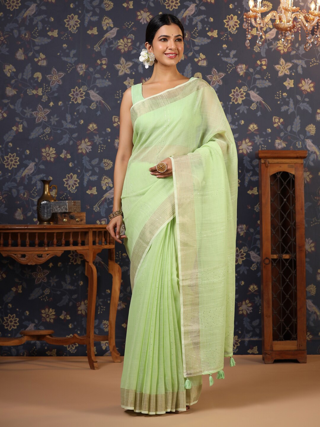 

House of Pataudi Striped Sequinned Saree, Green