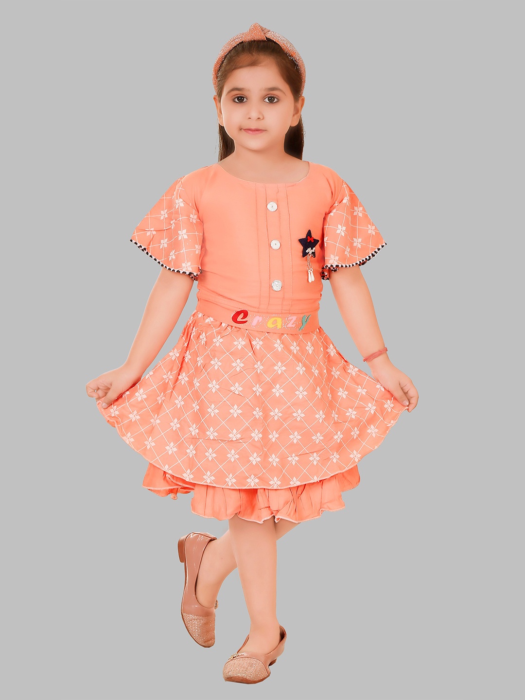 

BAESD Girls Printed Top with Skirt, Peach