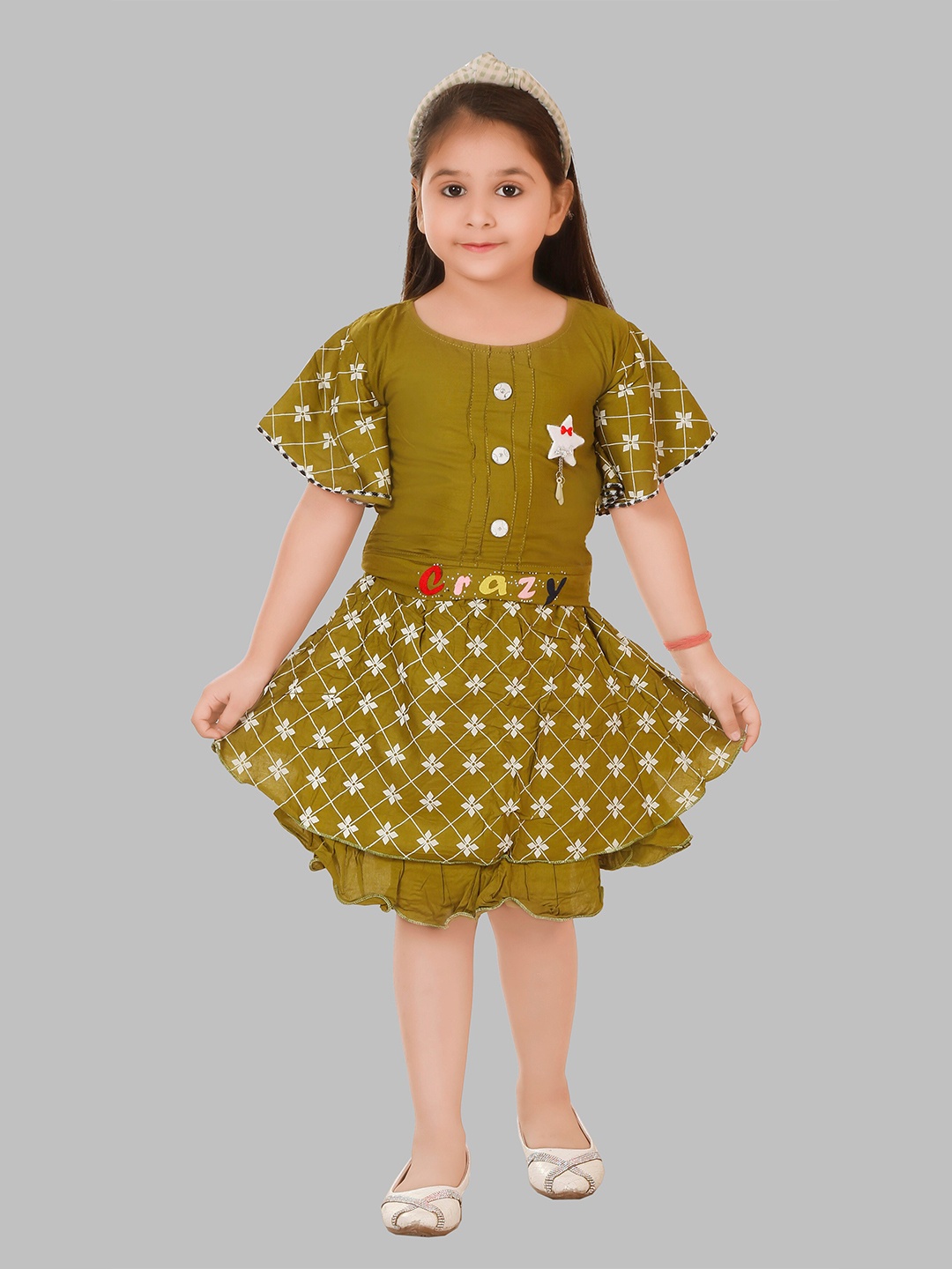 

BAESD Girls Printed Top With Skirt, Olive