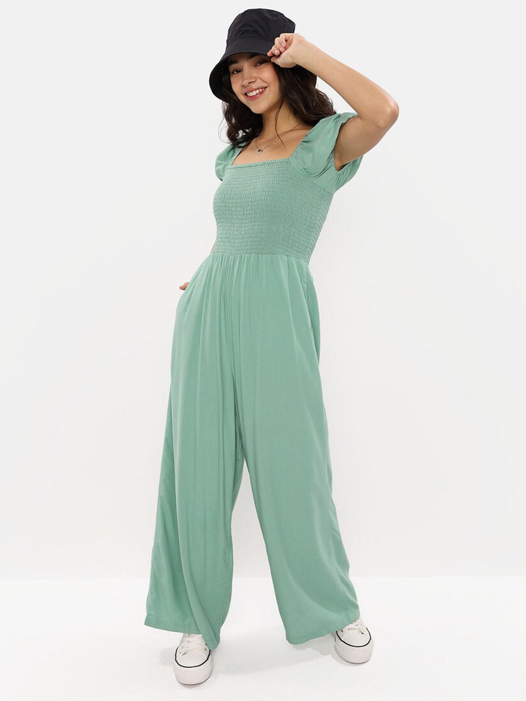 

AMERICAN EAGLE OUTFITTERS Square Neck Smocked Puff Sleeve Basic Jumpsuit, Green