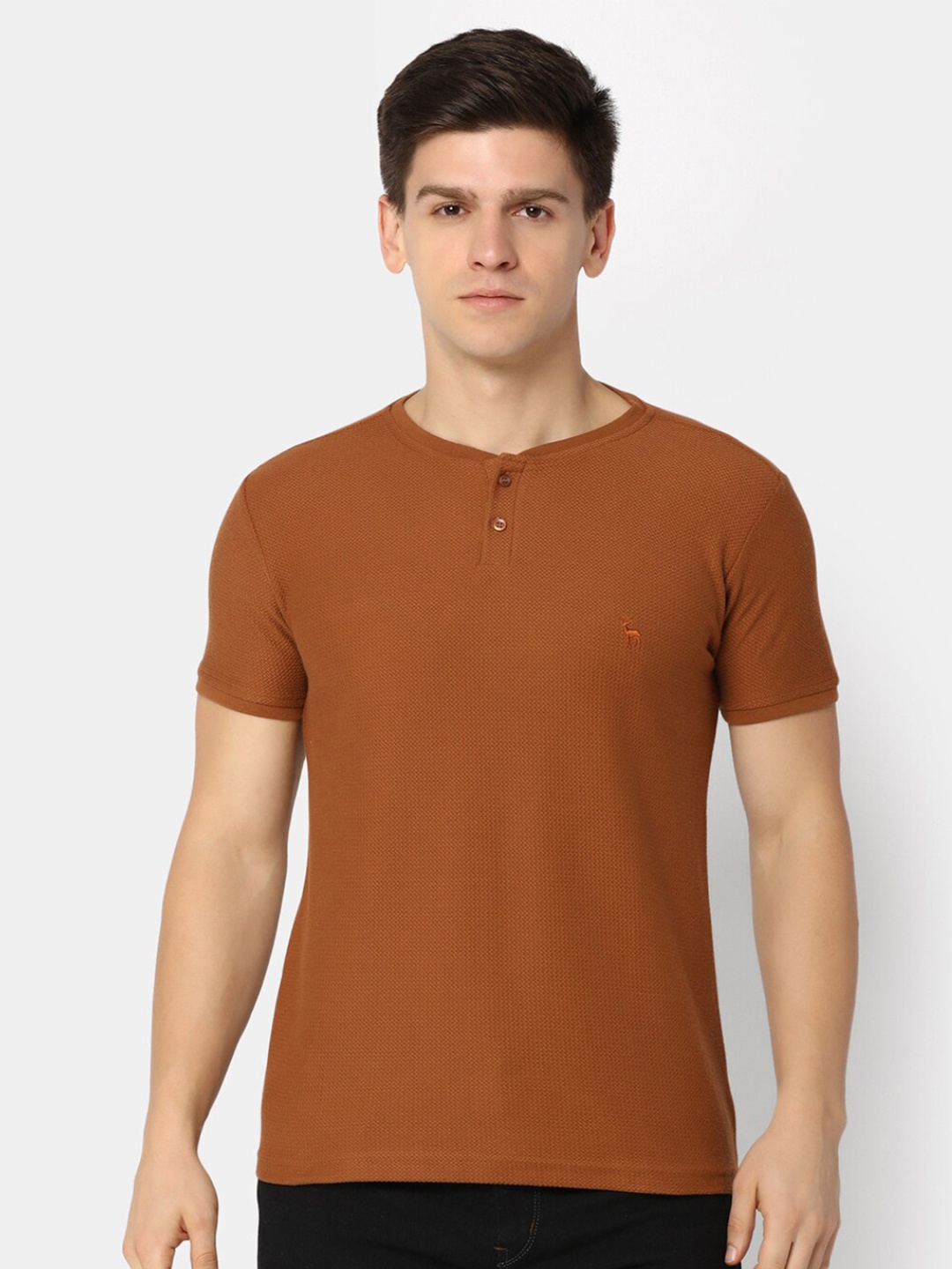 

V-Mart Slim Fit Henley Neck Cotton T-shirt, Brown