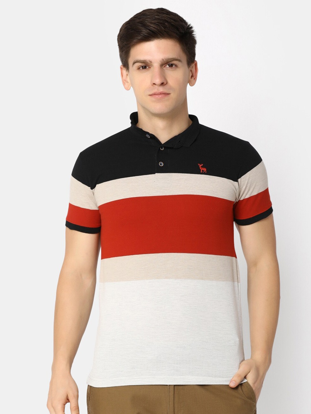 

V-Mart Slim Fit Colourblocked Mandarin Collar Cotton T-shirt, Black