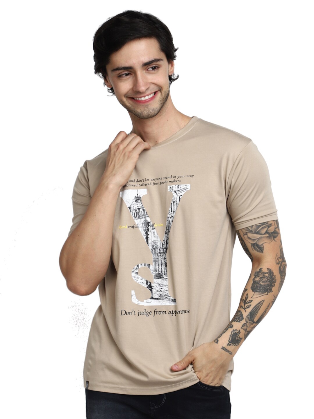 

V-Mart Graphic Printed Cotton Slim Fit T-shirt, Beige