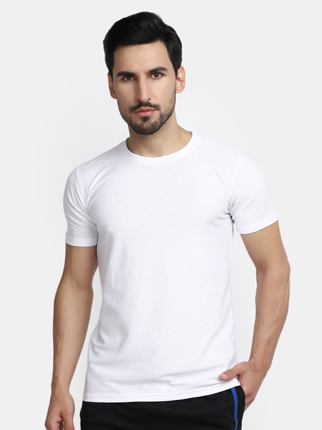 

V-Mart Striped Round Neck Cotton Slim Fit T-shirt, White