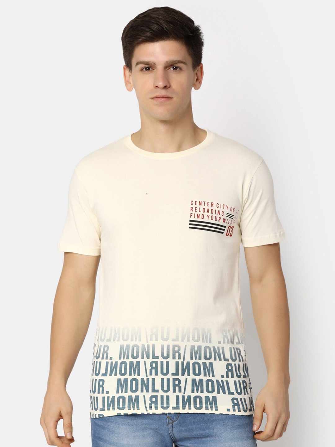 

V-Mart Slim Fit Typography Printed Cotton T-shirt, Cream