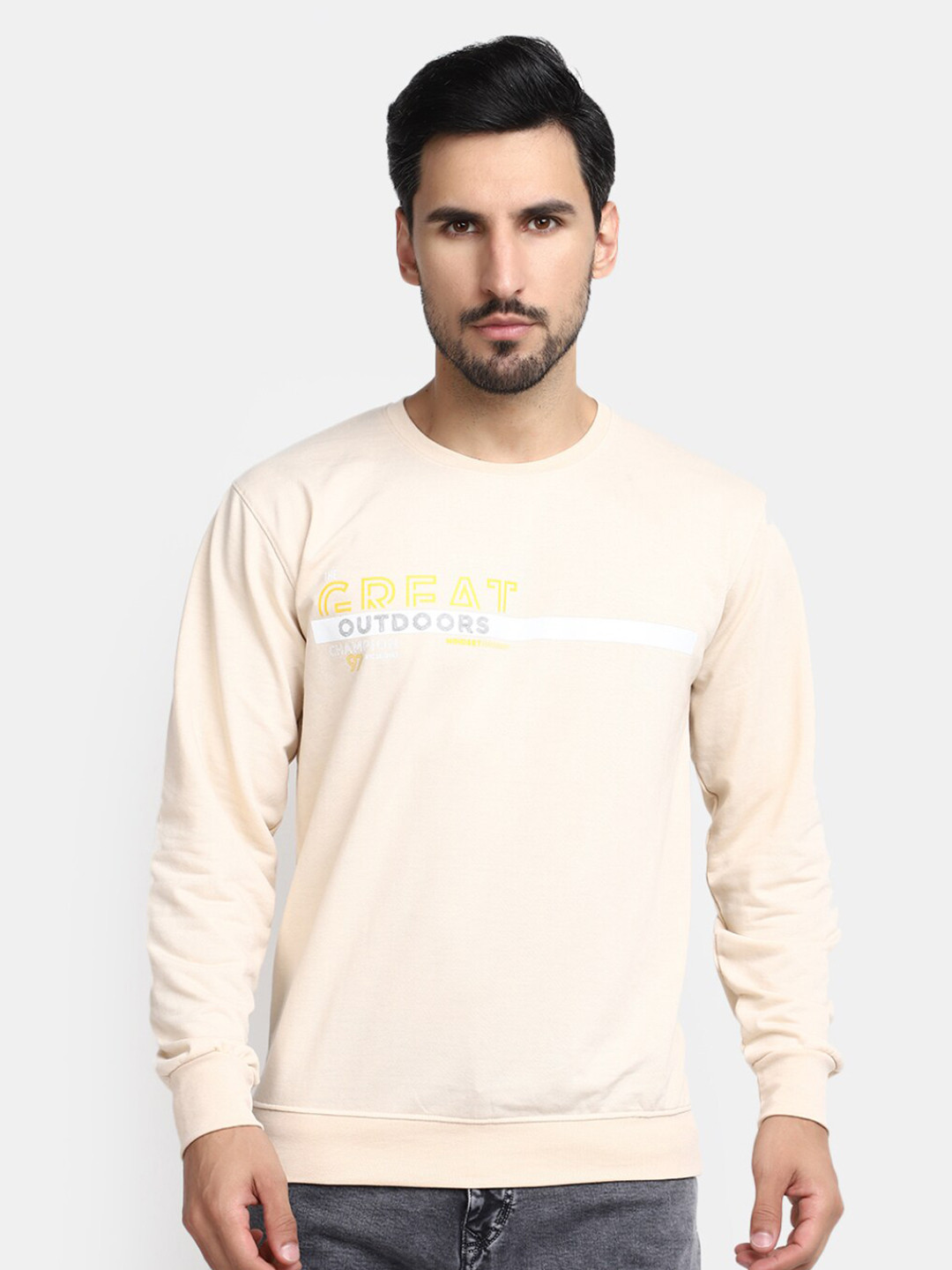 

V-Mart Typography Printed Round Neck Slim Fit Cotton Casual T-shirt, Beige