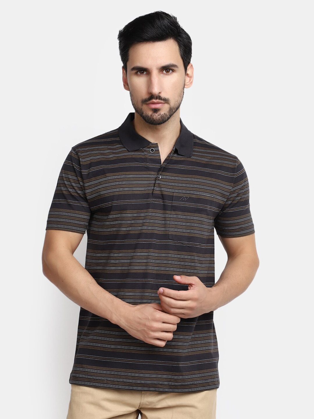 

V-Mart Striped Polo Collar Cotton T-shirt, Black