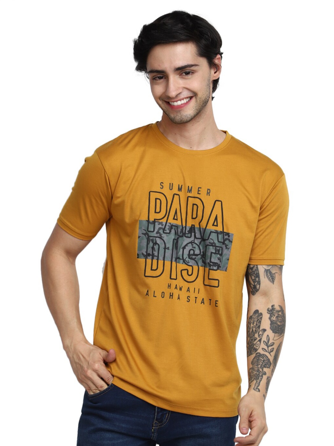 

V-Mart Slim Fit Typography Printed Cotton T-shirt, Mustard