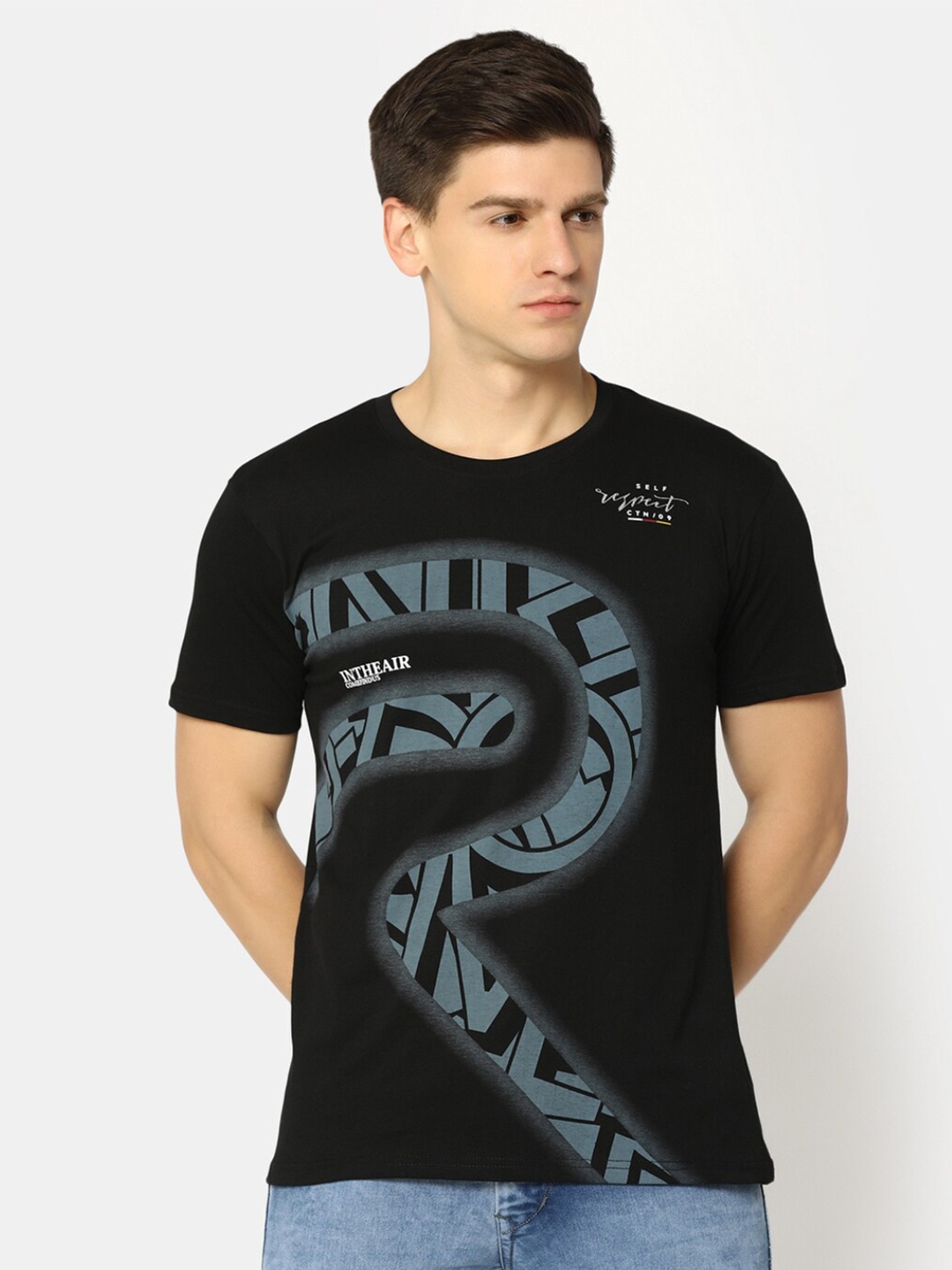 

V-Mart Abstract Printed Round Neck Cotton Casual T-shirt, Black