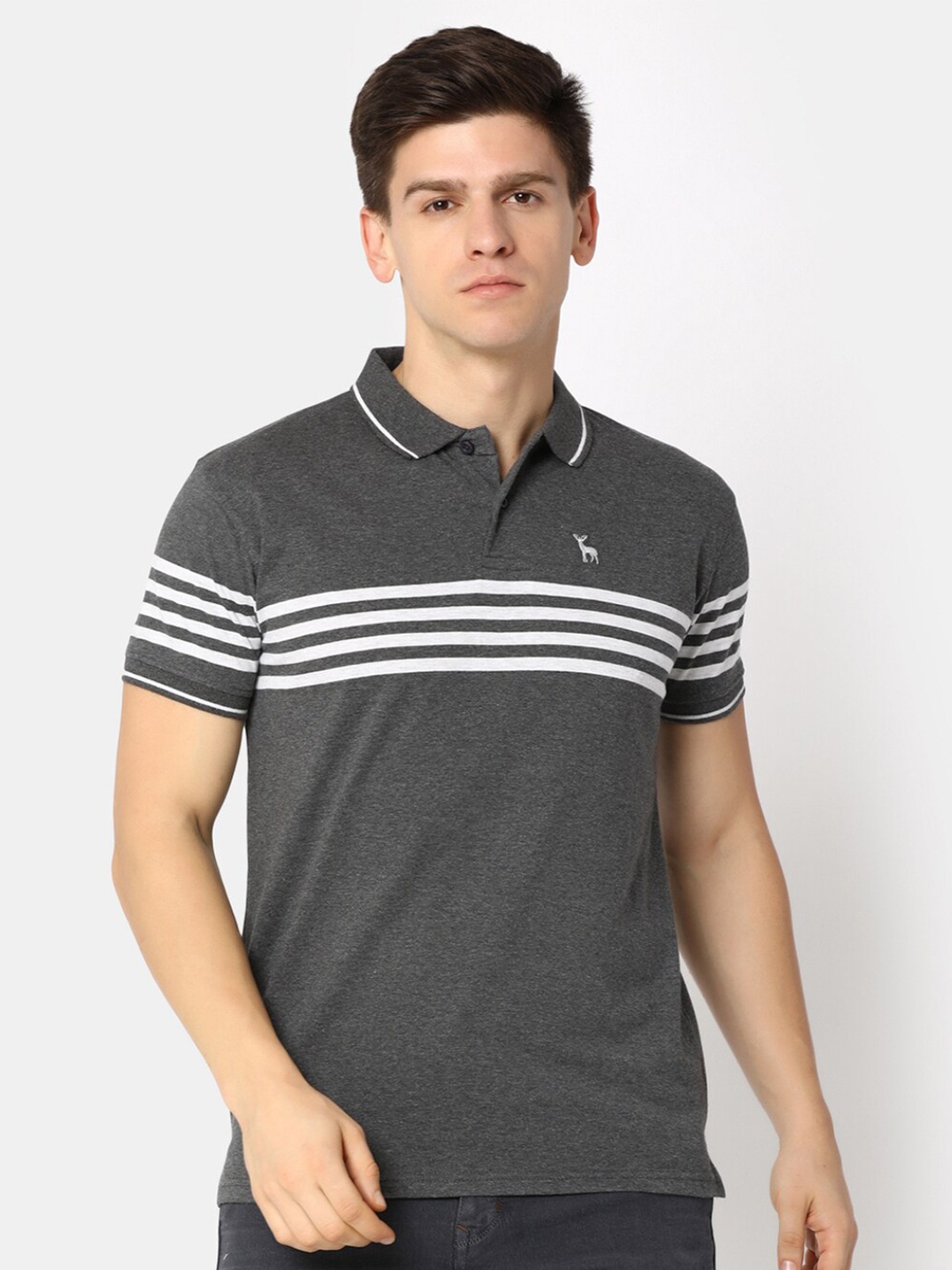 

V-Mart Striped Polo Collar Cotton T-shirt, Grey