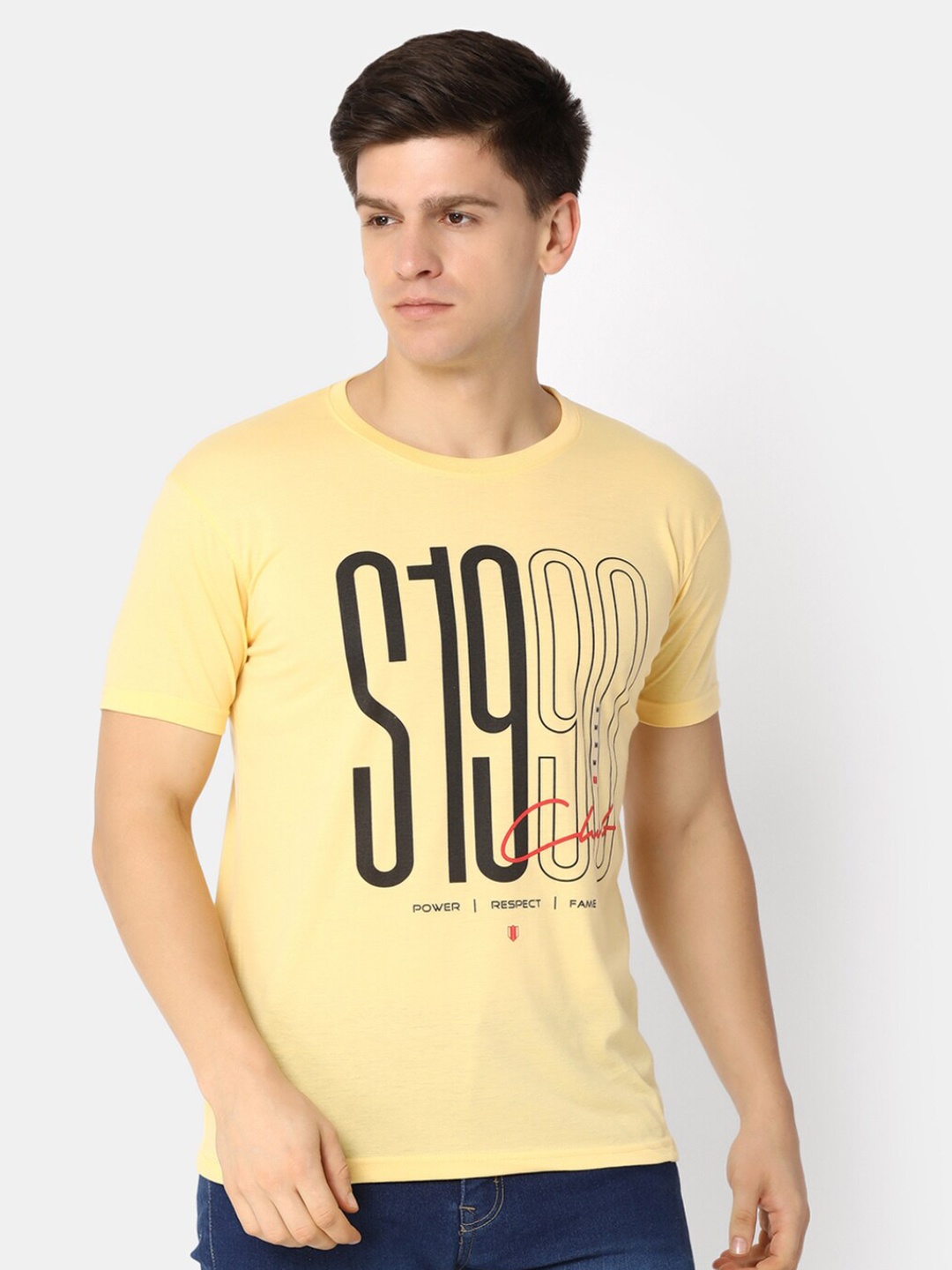 

V-Mart Typography Printed Cotton Slim Fit T-shirt, Yellow