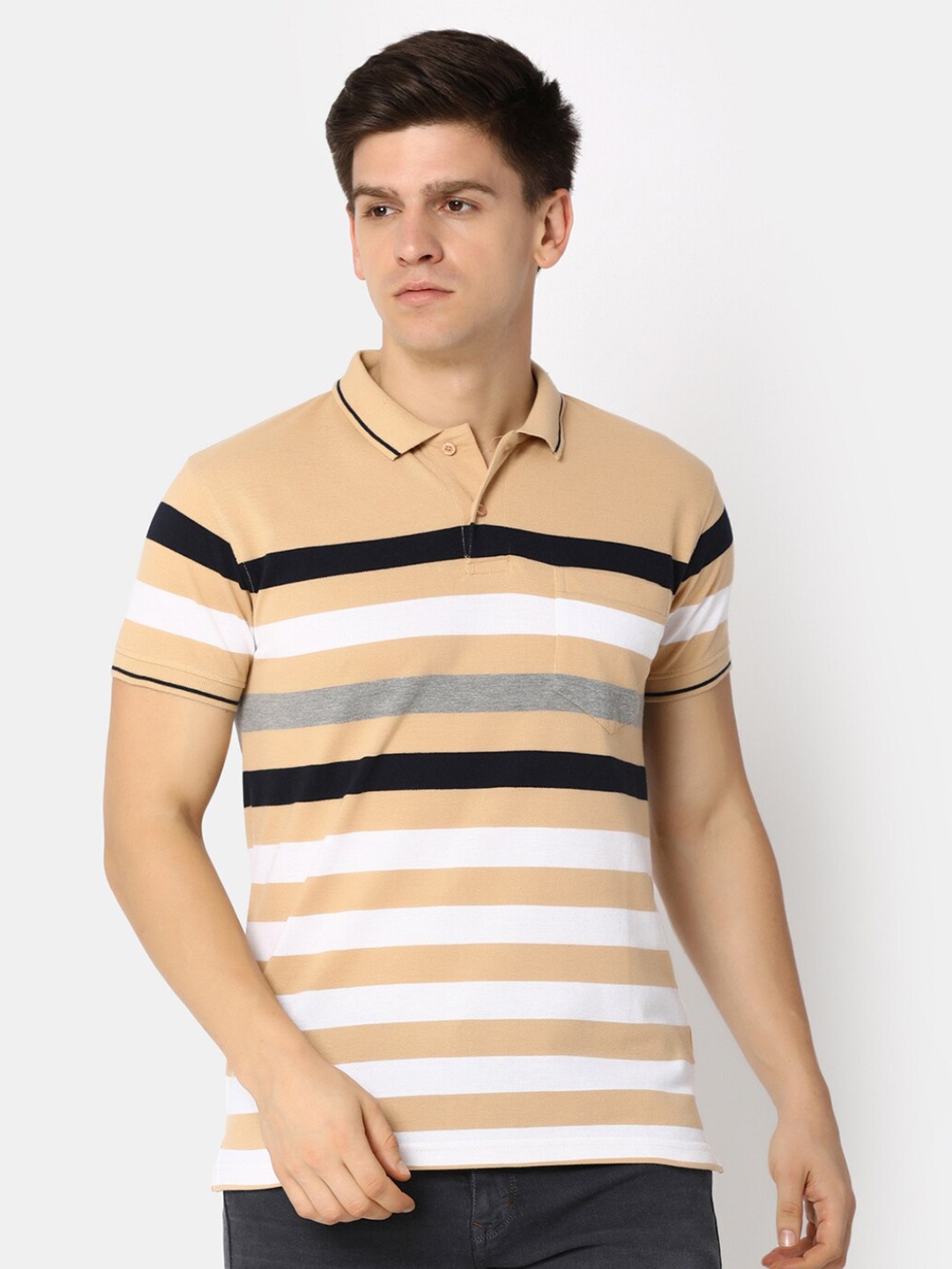 

V-Mart Striped Polo Collar Cotton T-shirt, Beige