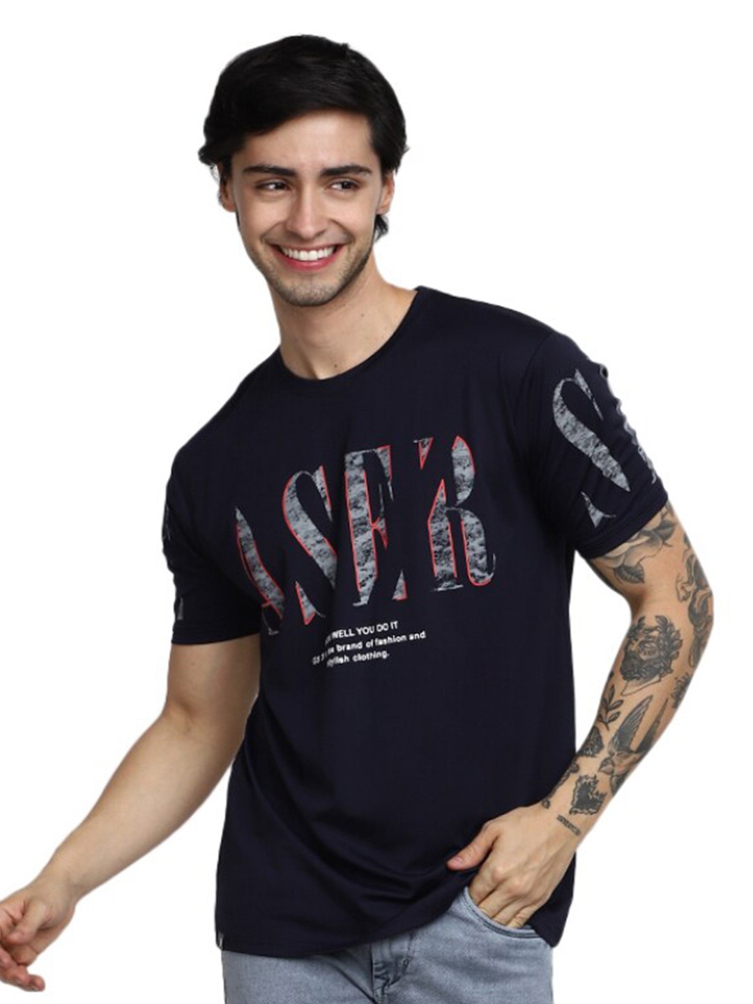 

V-Mart Typography Printed Slim Fit Cotton T-shirt, Blue